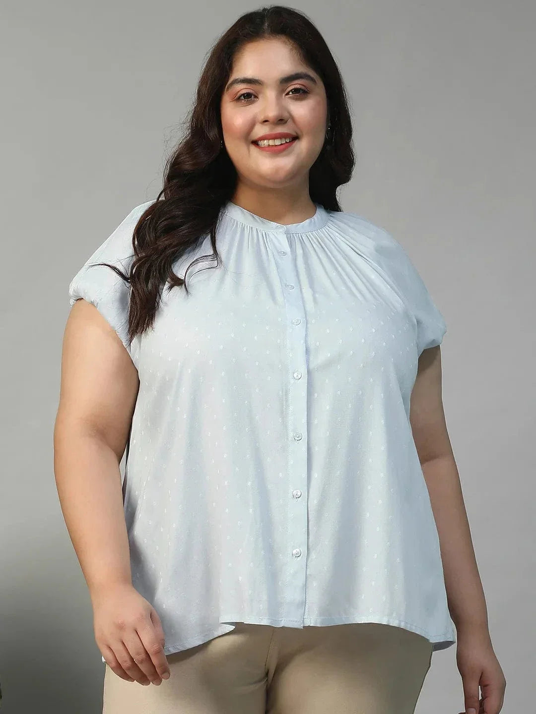 Glare Blue Gather Detail Short Sleeve Button Down Rayon Swiss Dot Dobby Plus Size Women Shirt - oxolloxo