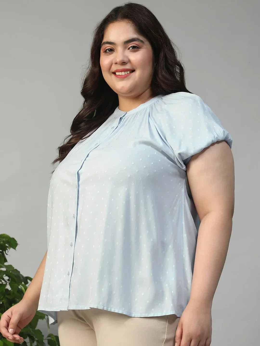 Glare Blue Gather Detail Short Sleeve Button Down Rayon Swiss Dot Dobby Plus Size Women Shirt - oxolloxo