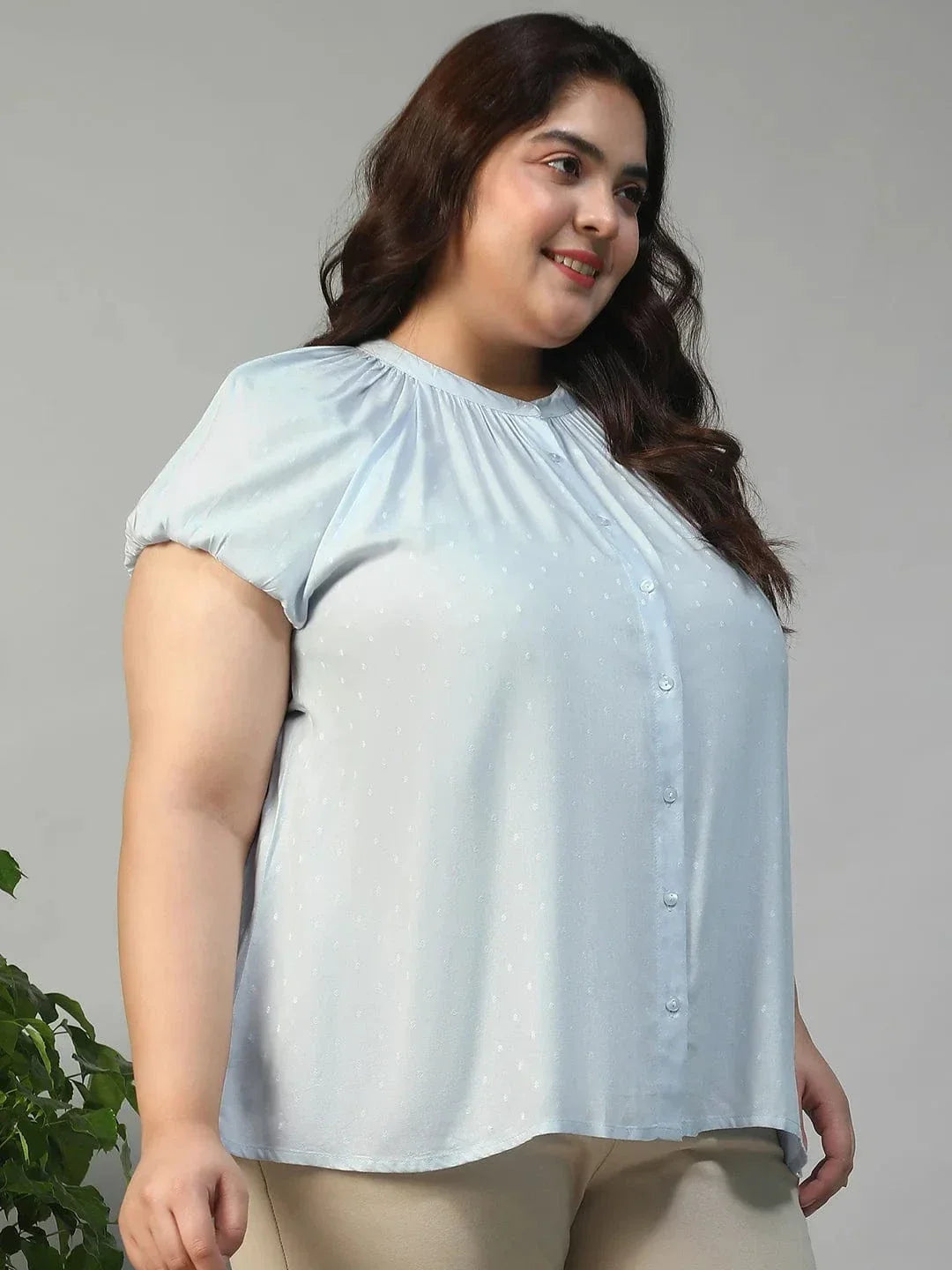 Glare Blue Gather Detail Short Sleeve Button Down Rayon Swiss Dot Dobby Plus Size Women Shirt - oxolloxo
