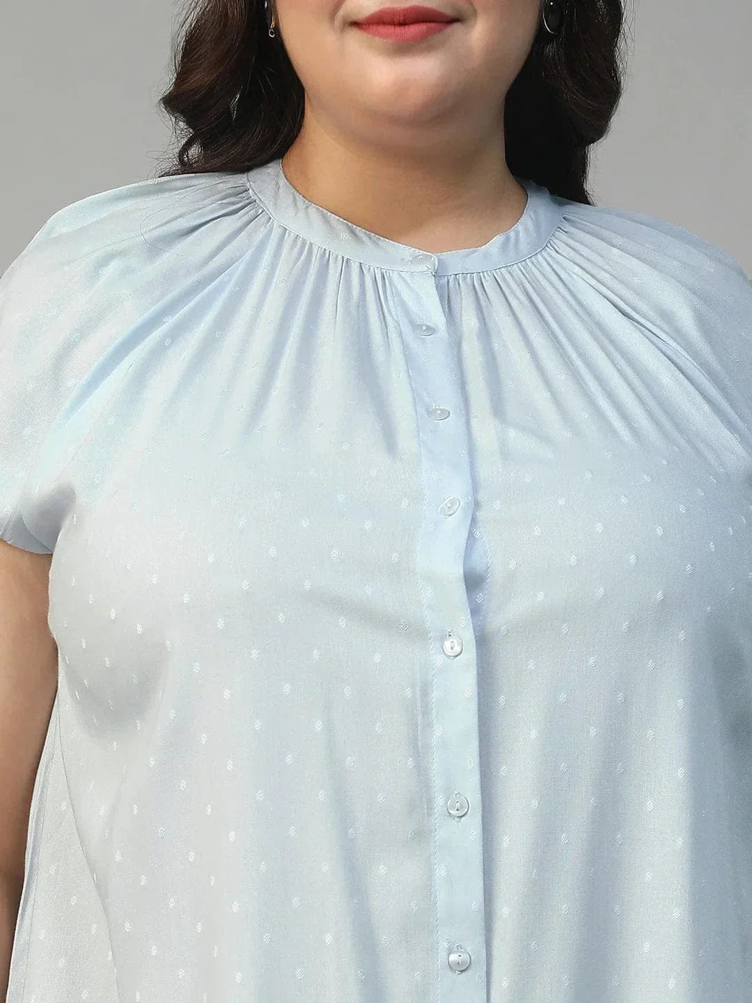 Glare Blue Gather Detail Short Sleeve Button Down Rayon Swiss Dot Dobby Plus Size Women Shirt - oxolloxo