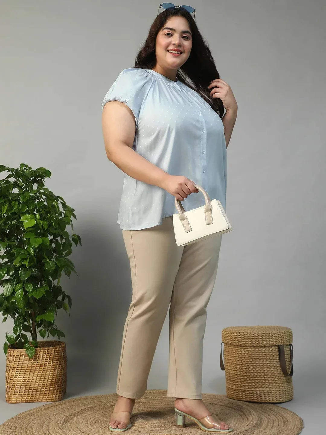 Glare Blue Gather Detail Short Sleeve Button Down Rayon Swiss Dot Dobby Plus Size Women Shirt - oxolloxo