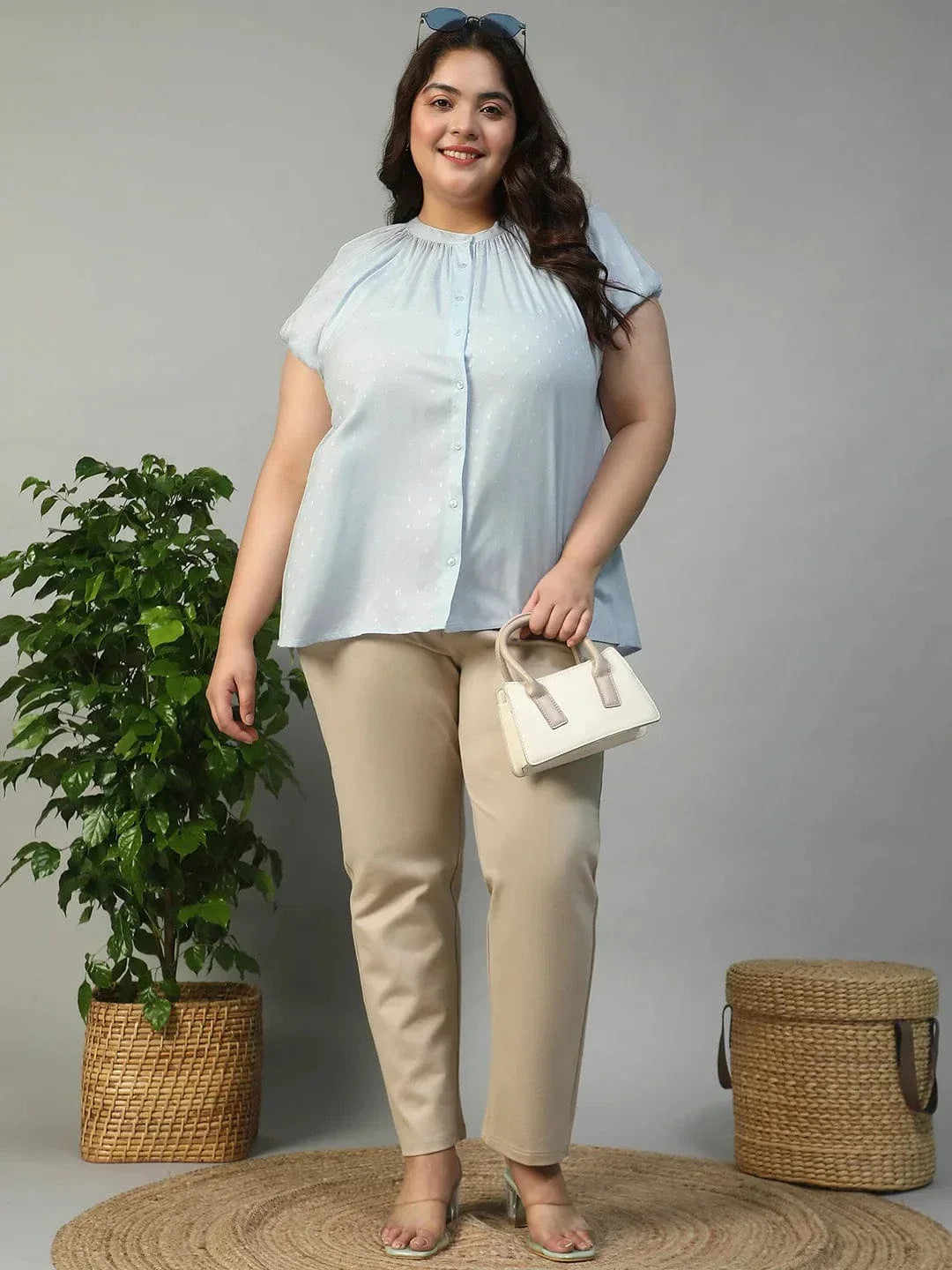 Glare Blue Gather Detail Short Sleeve Button Down Rayon Swiss Dot Dobby Plus Size Women Shirt - oxolloxo