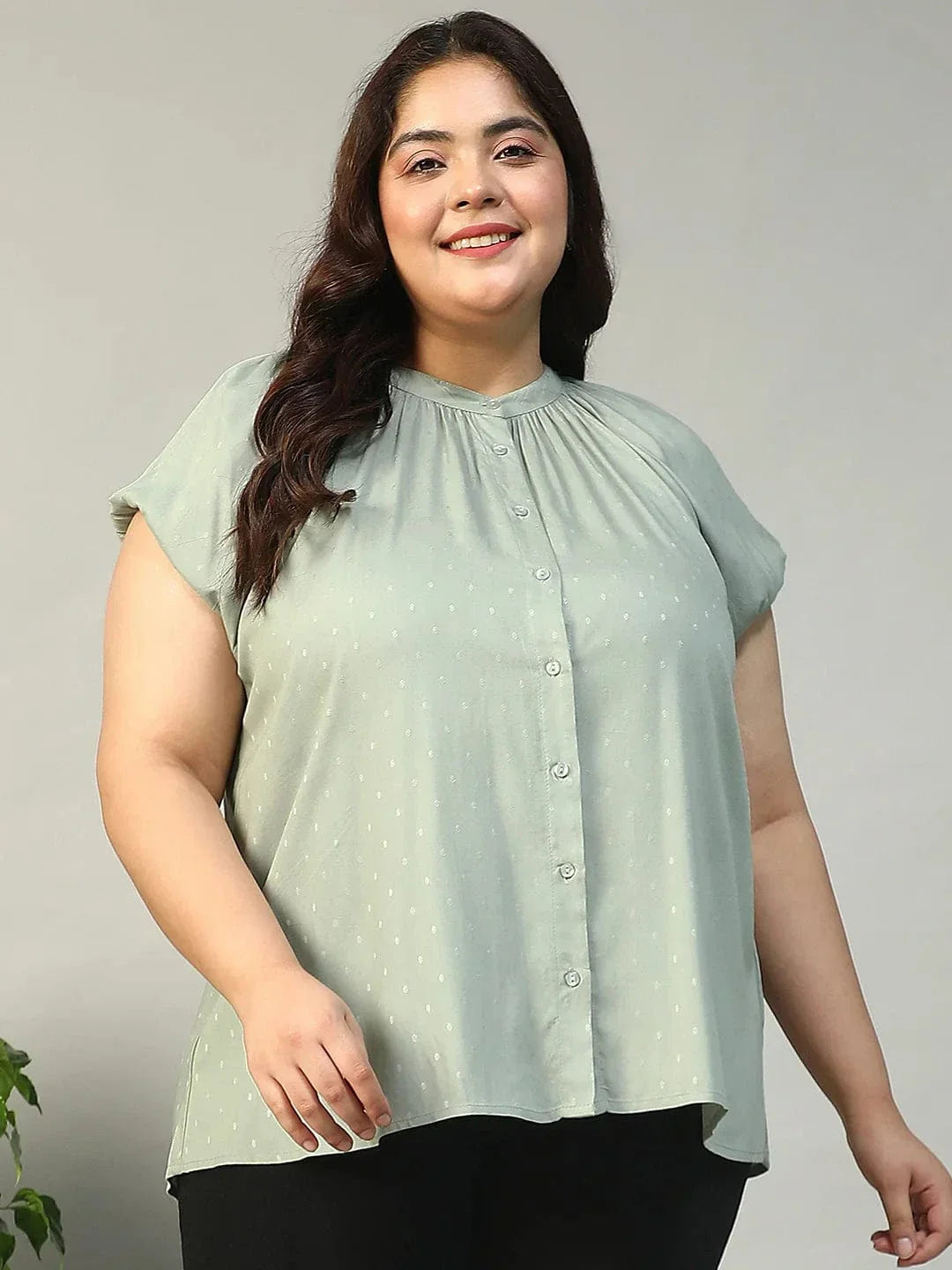 Stunning Green Gather Detail Short Sleeve Button Down Rayon Swiss Dot Dobby Plus Size Women Shirt - oxolloxo