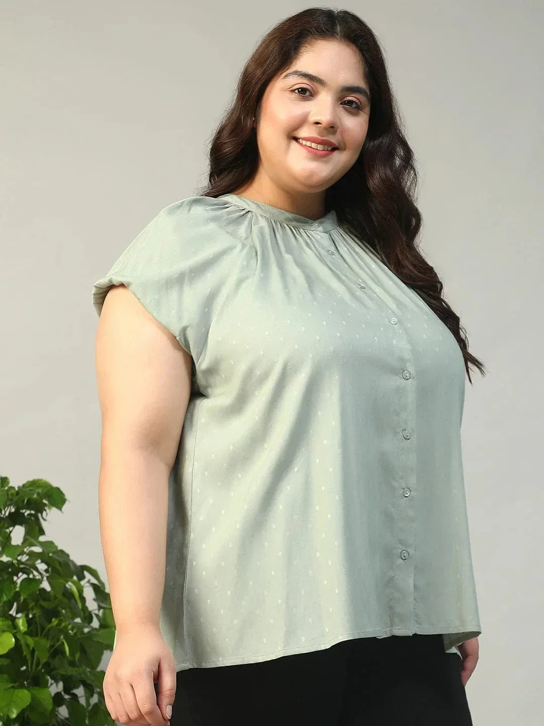 Stunning Green Gather Detail Short Sleeve Button Down Rayon Swiss Dot Dobby Plus Size Women Shirt - oxolloxo