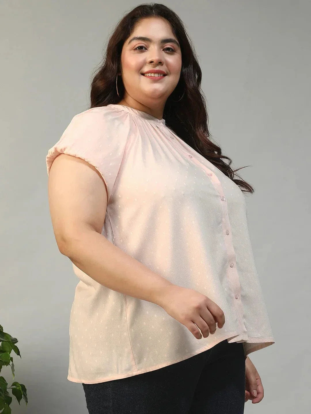 Perfect Peach Gather Detail Short Sleeve Button Down Rayon Swiss Dot Dobby Plus Size Women Shirt - oxolloxo