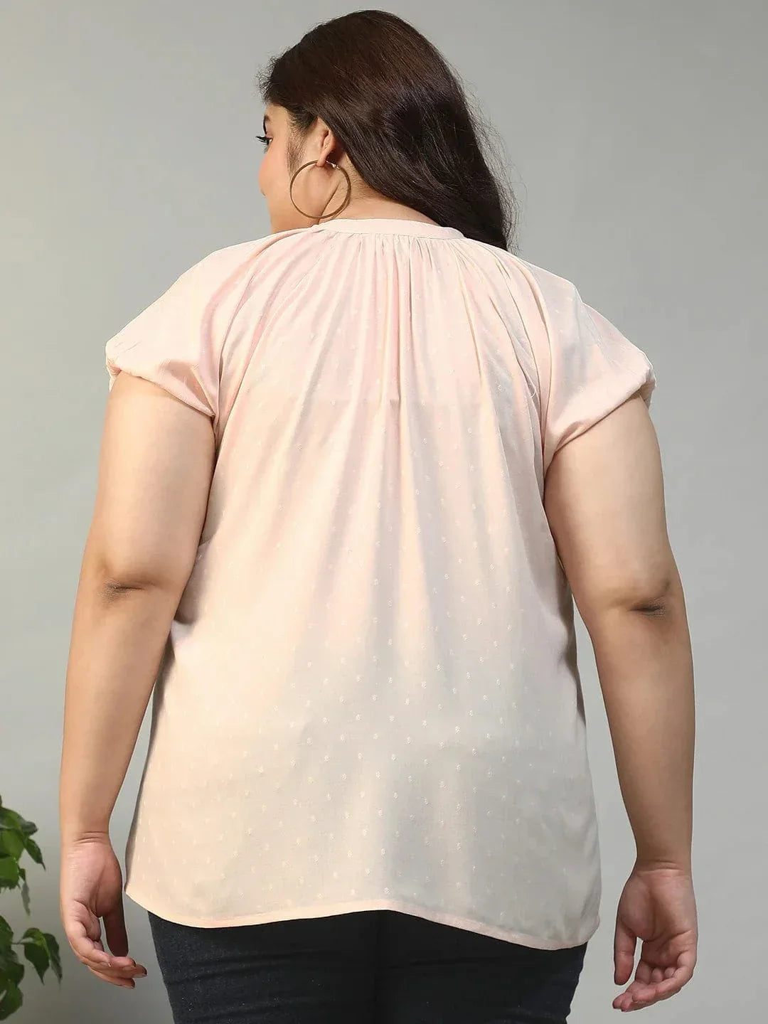 Perfect Peach Gather Detail Short Sleeve Button Down Rayon Swiss Dot Dobby Plus Size Women Shirt - oxolloxo
