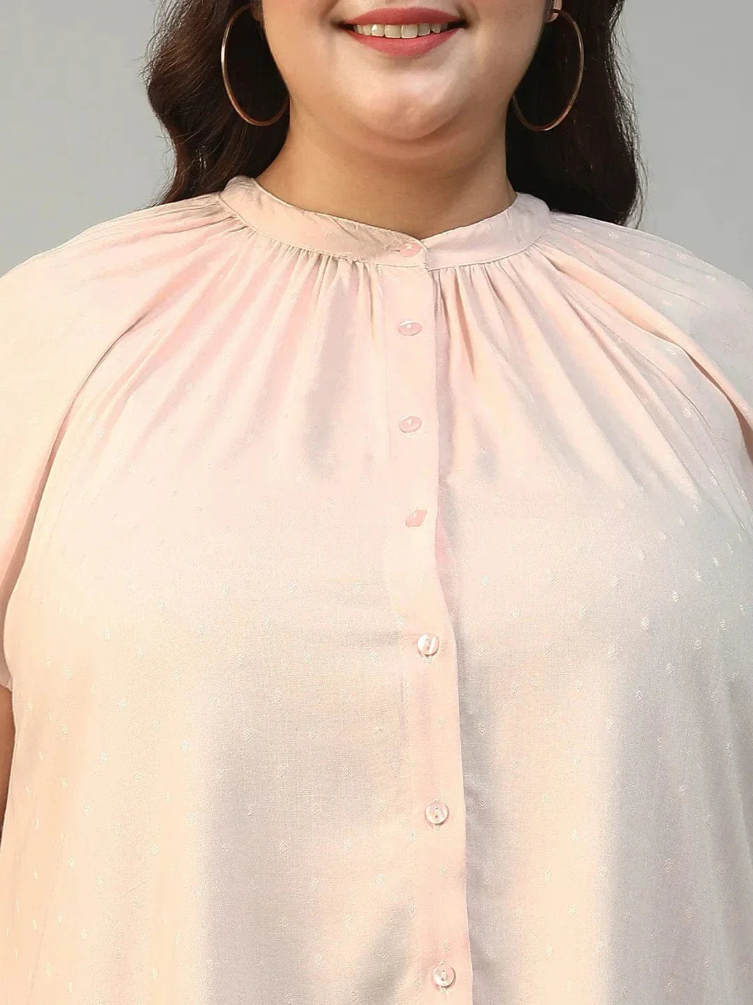 Perfect Peach Gather Detail Short Sleeve Button Down Rayon Swiss Dot Dobby Plus Size Women Shirt - oxolloxo
