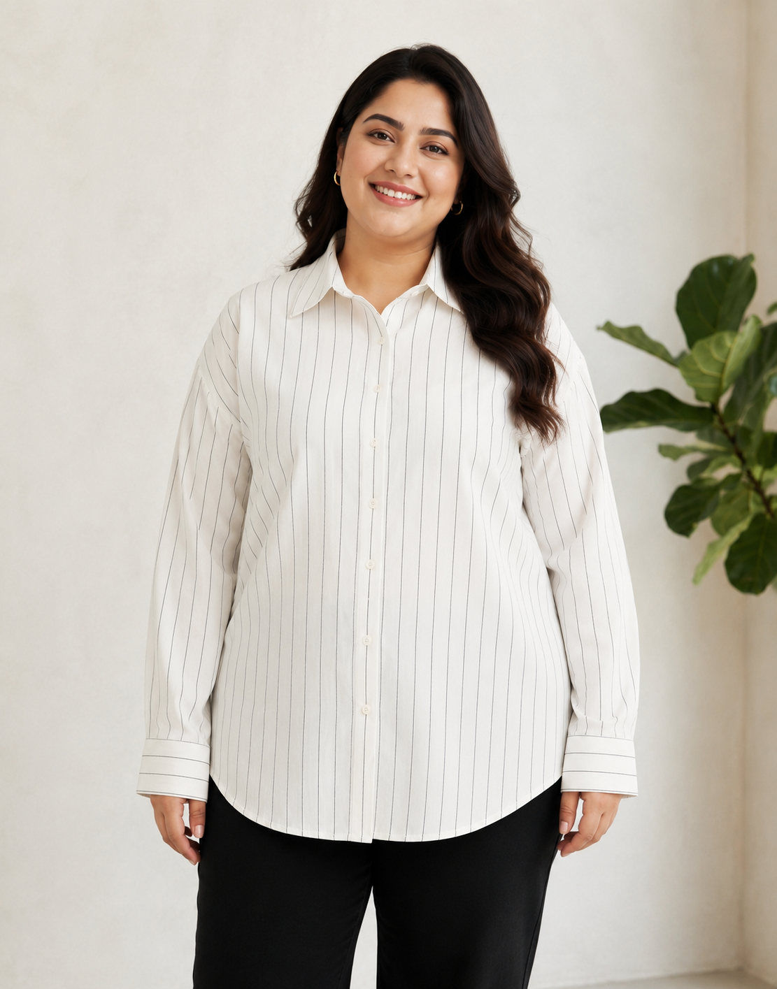 Plus Size White Stripe Linen Shirt