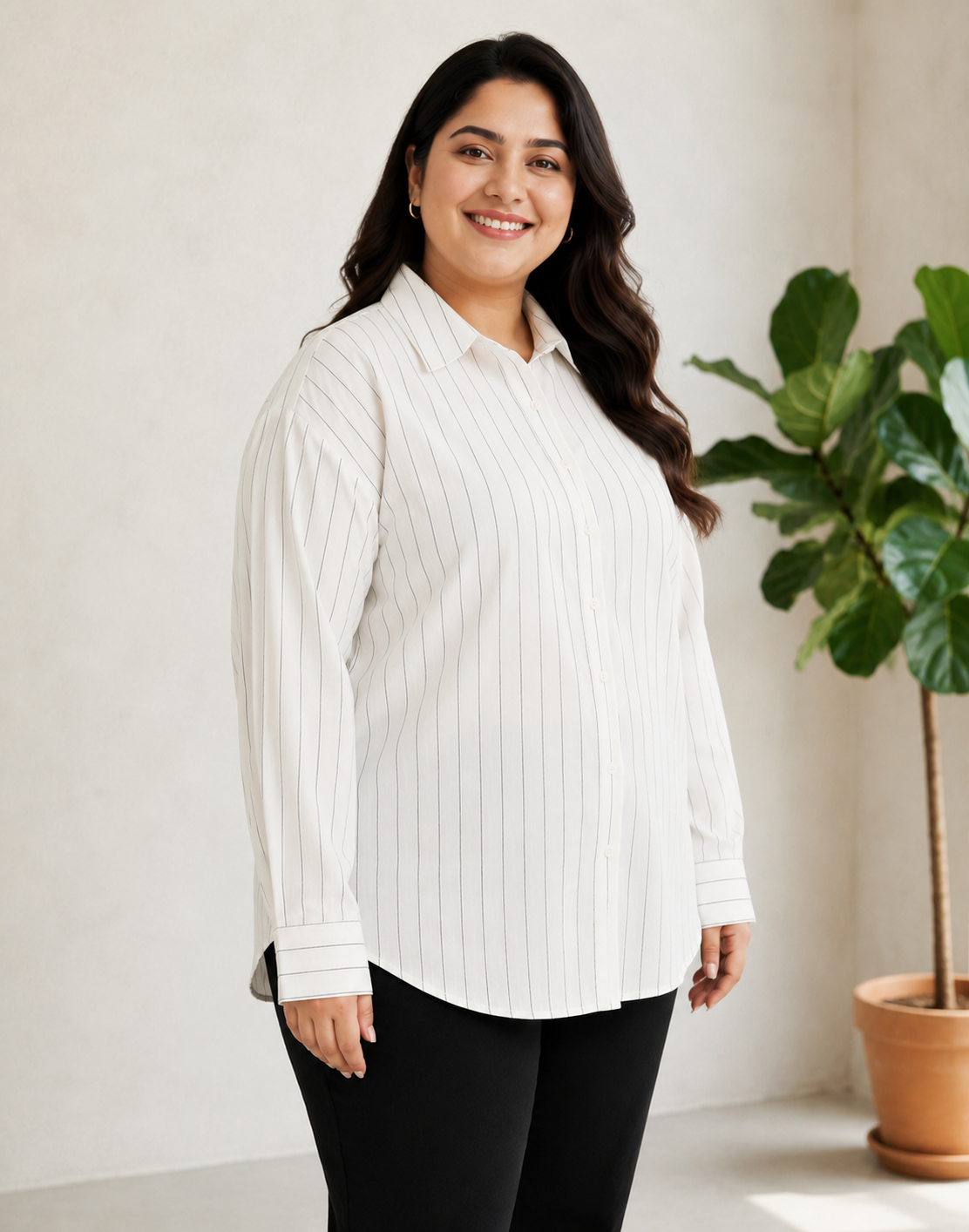 Plus Size White Stripe Linen Shirt