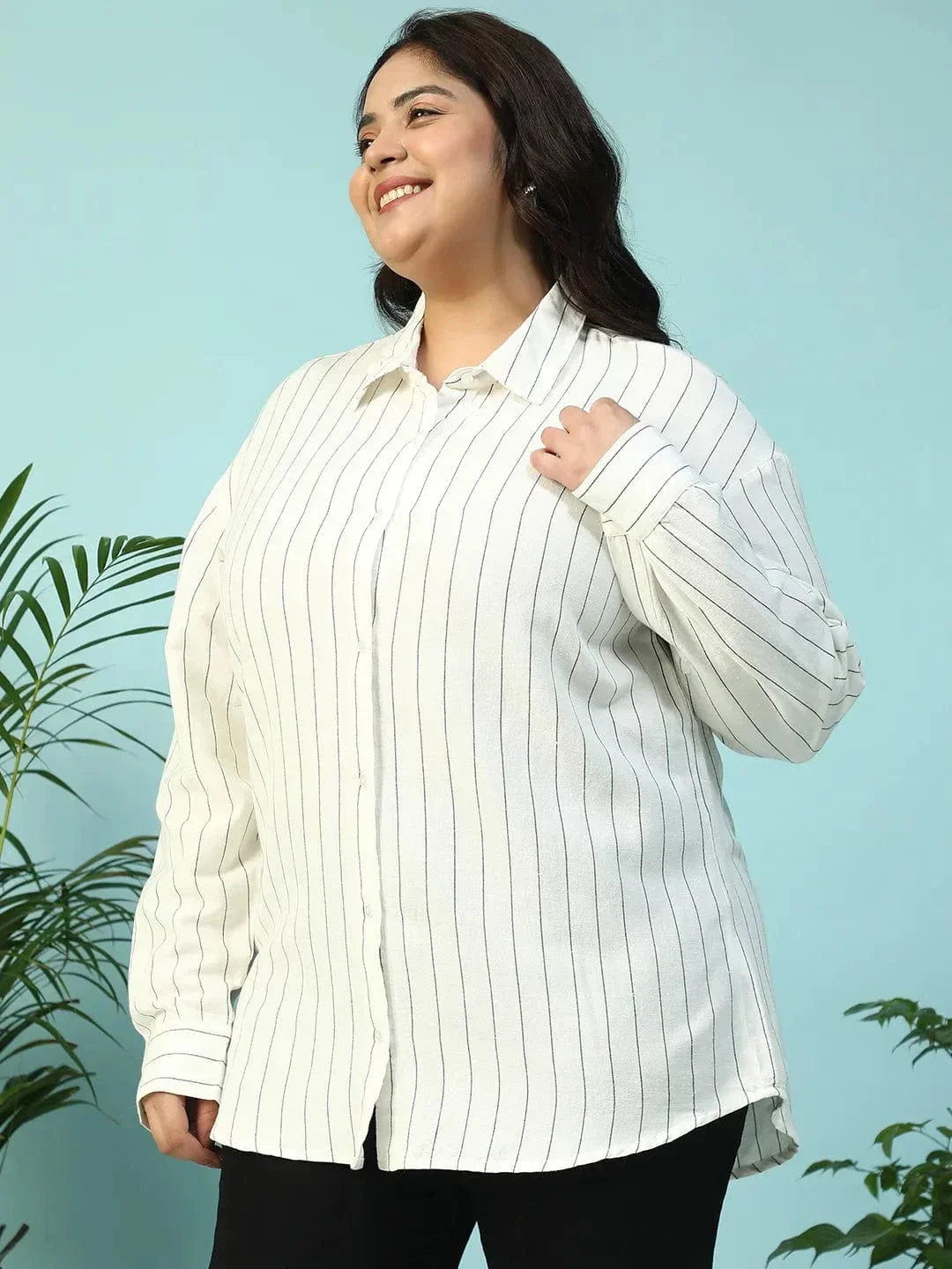 Refined White Collared Stripe Print Long Sleeve Button Down Linen Plus Size Women Cotton Shirt - oxolloxo