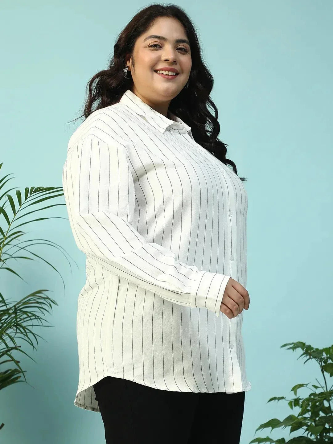 Refined White Collared Stripe Print Long Sleeve Button Down Linen Plus Size Women Cotton Shirt - oxolloxo