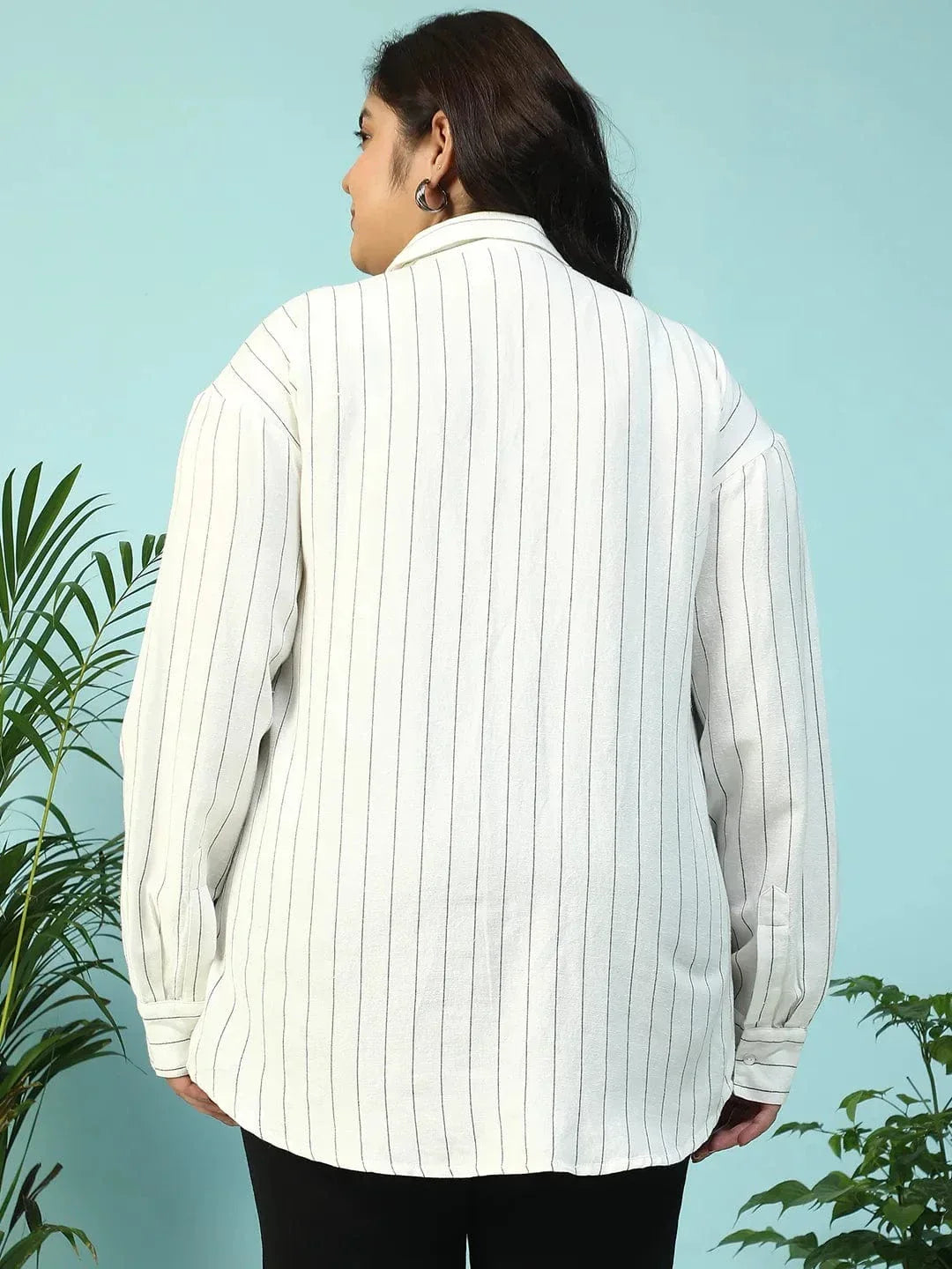 Refined White Collared Stripe Print Long Sleeve Button Down Linen Plus Size Women Cotton Shirt - oxolloxo