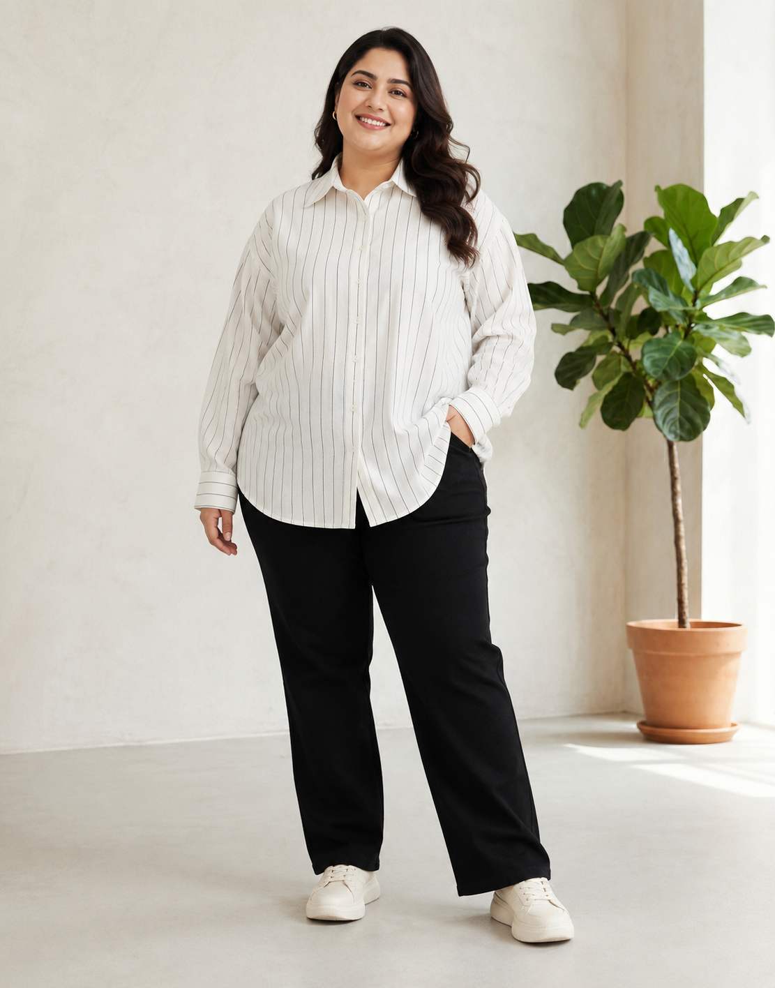 Plus Size White Stripe Linen Shirt