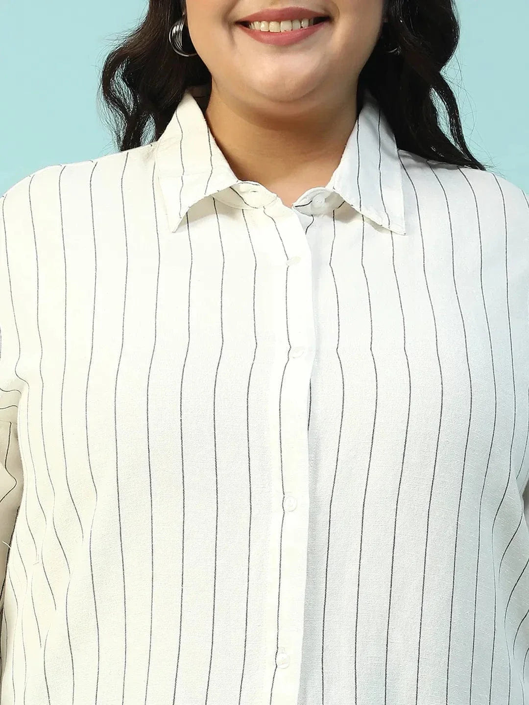 Refined White Collared Stripe Print Long Sleeve Button Down Linen Plus Size Women Cotton Shirt - oxolloxo