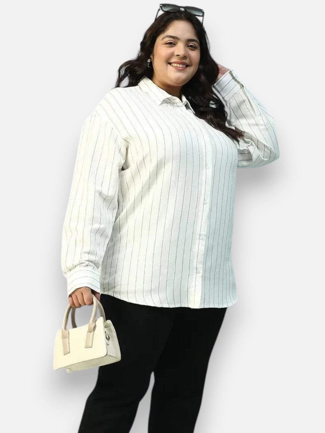 Plus Size White Stripe Linen Shirt