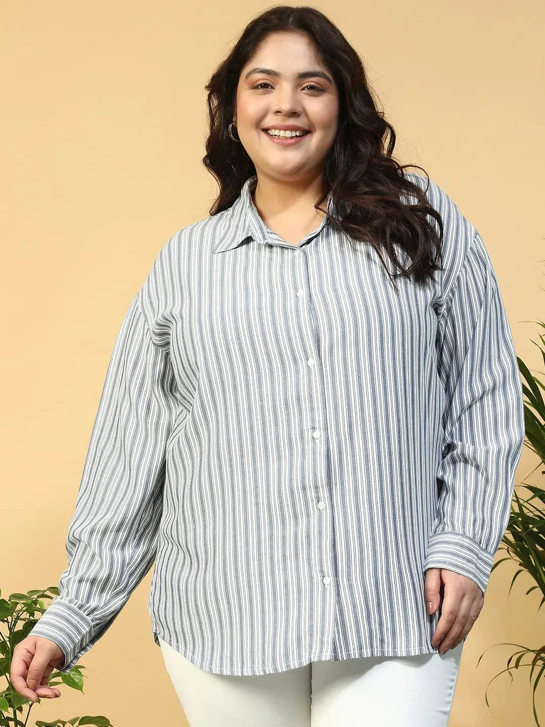 Offical Blue Collared Stripe Print Long Sleeve Button Down Linen Plus Size Women Cotton Shirt - oxolloxo
