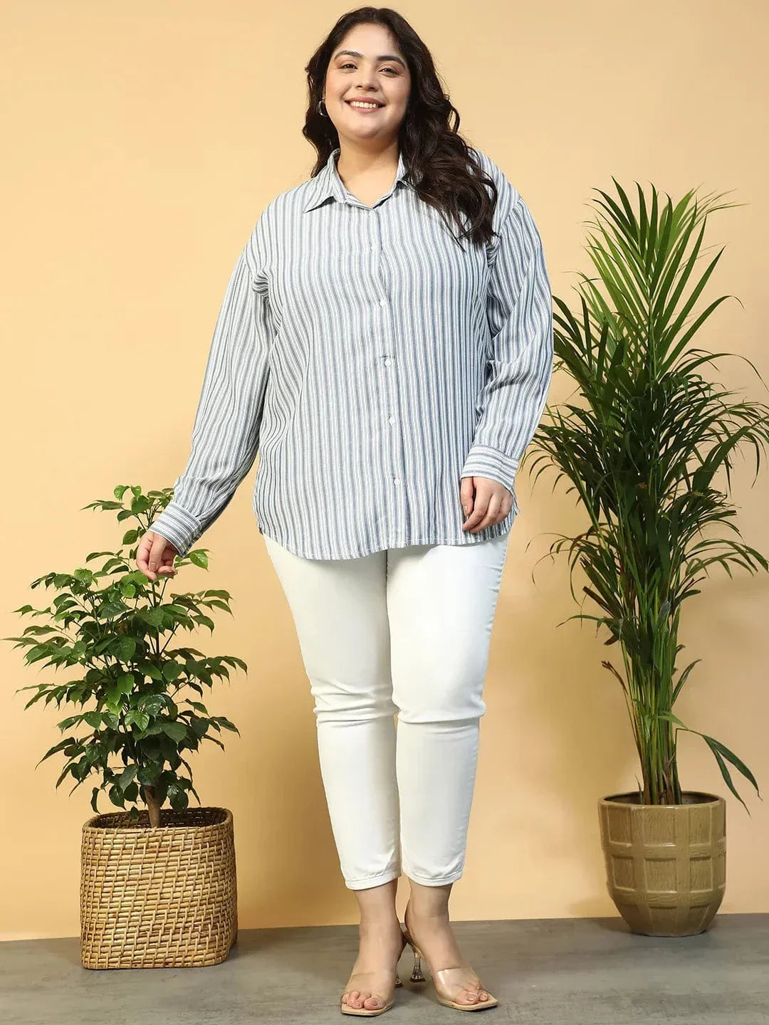 Offical Blue Collared Stripe Print Long Sleeve Button Down Linen Plus Size Women Cotton Shirt - oxolloxo