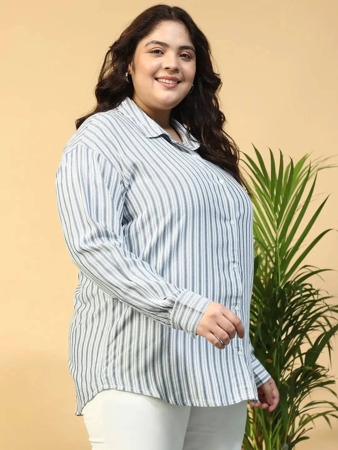 Offical Blue Collared Stripe Print Long Sleeve Button Down Linen Plus Size Women Cotton Shirt - oxolloxo