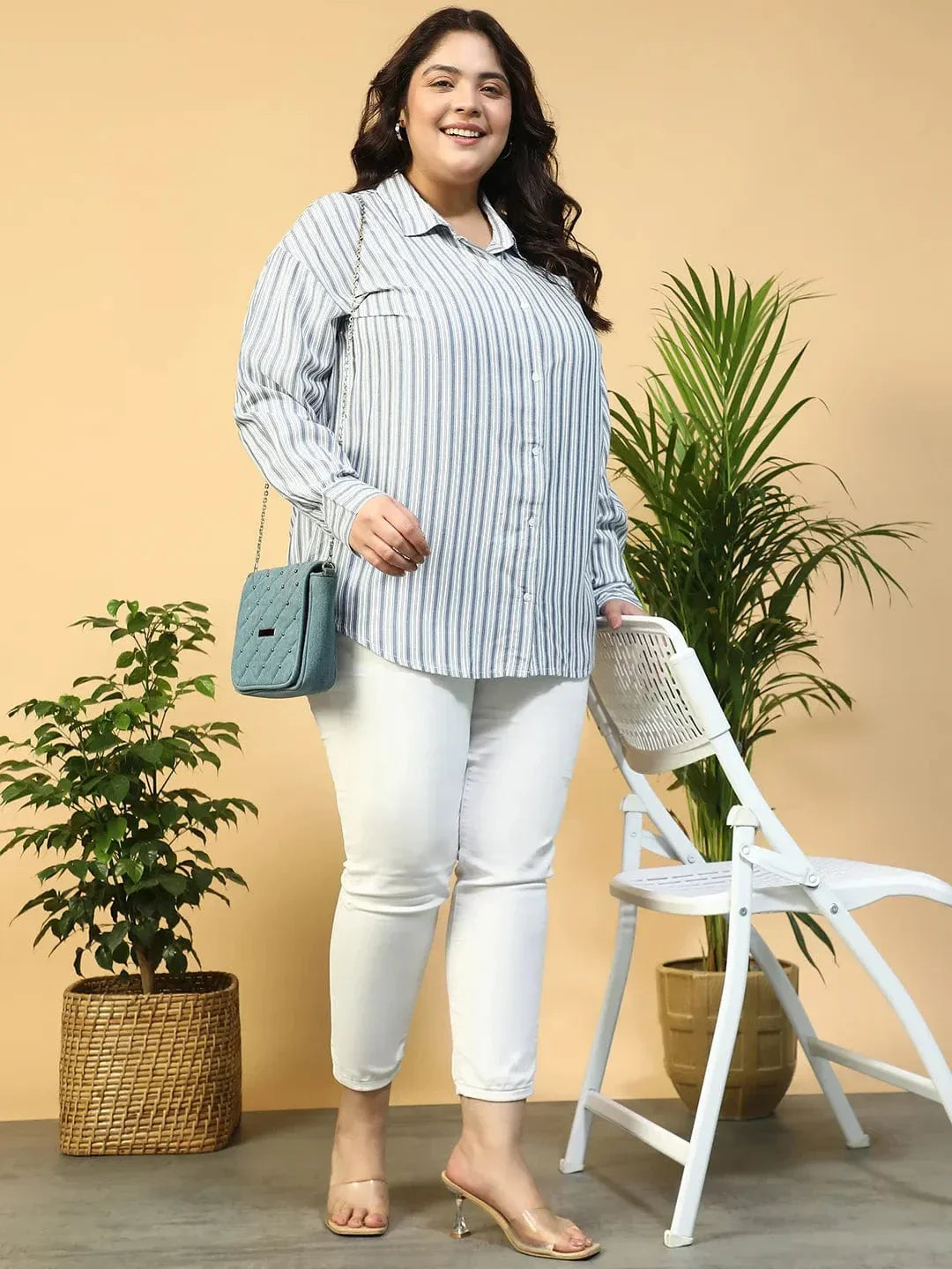 Offical Blue Collared Stripe Print Long Sleeve Button Down Linen Plus Size Women Cotton Shirt - oxolloxo