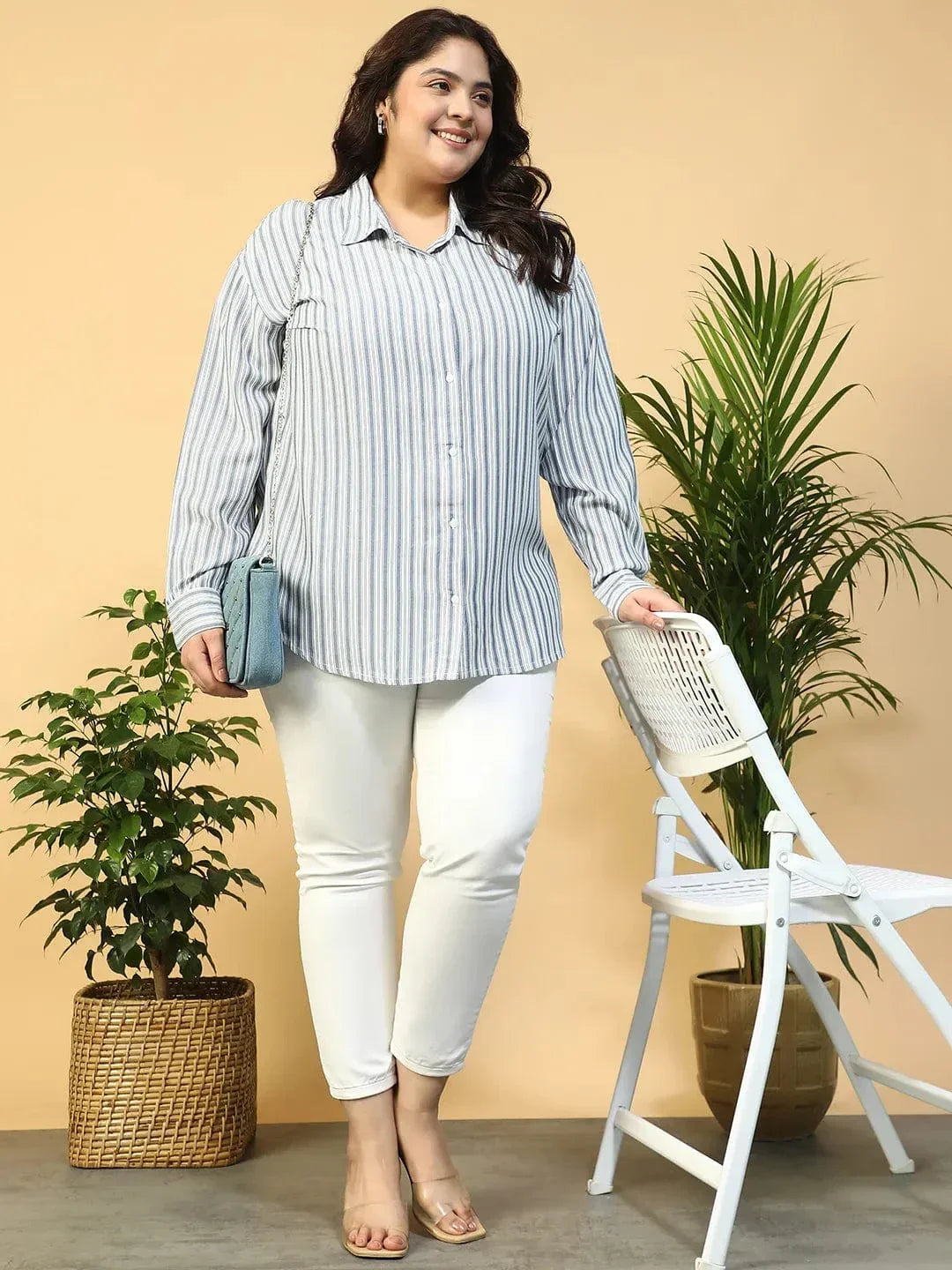 Offical Blue Collared Stripe Print Long Sleeve Button Down Linen Plus Size Women Cotton Shirt - oxolloxo