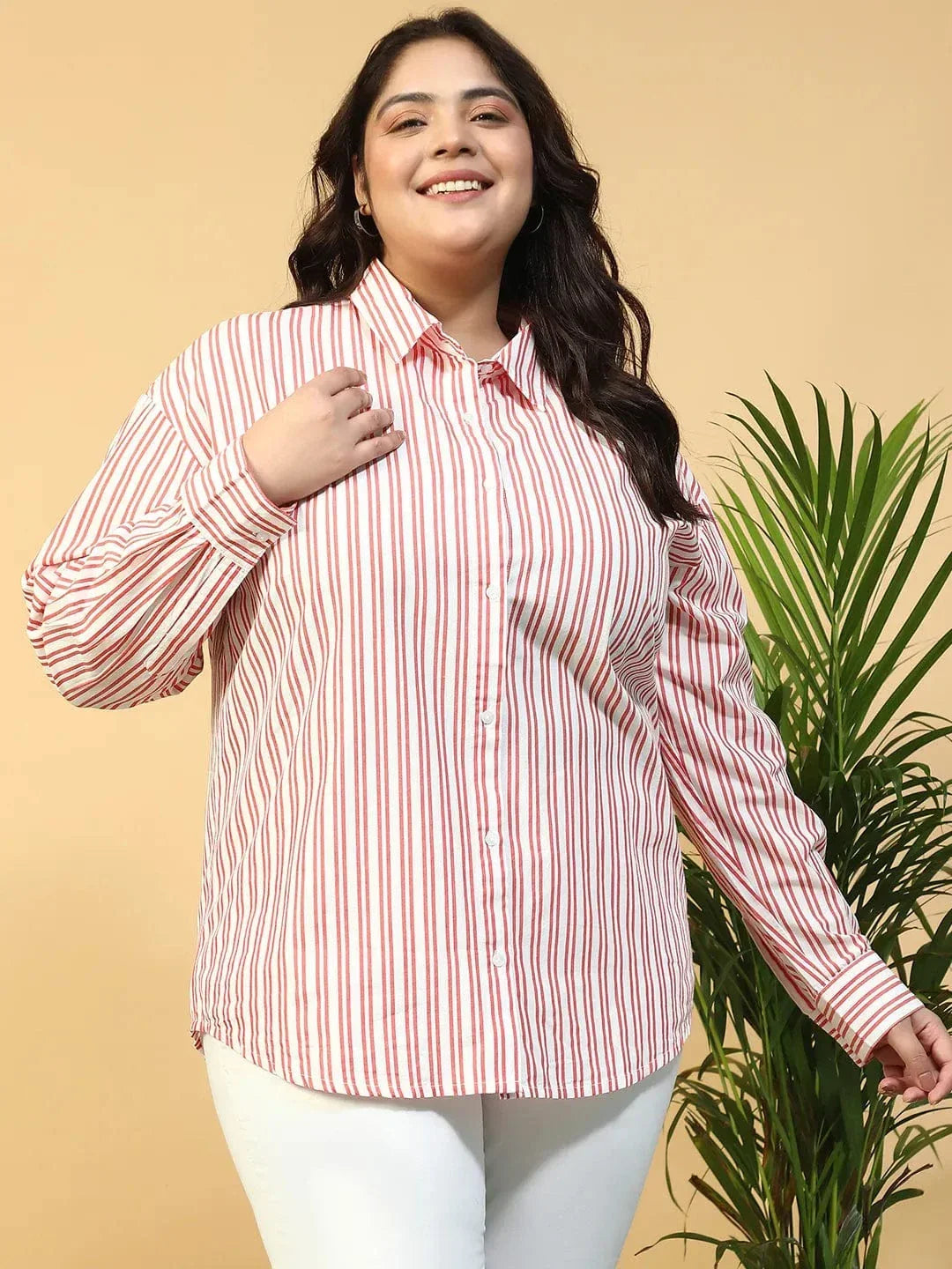 New Red Collared Stripe Print Long Sleeve Button Down Linen Plus Size Women Cotton Shirt - oxolloxo