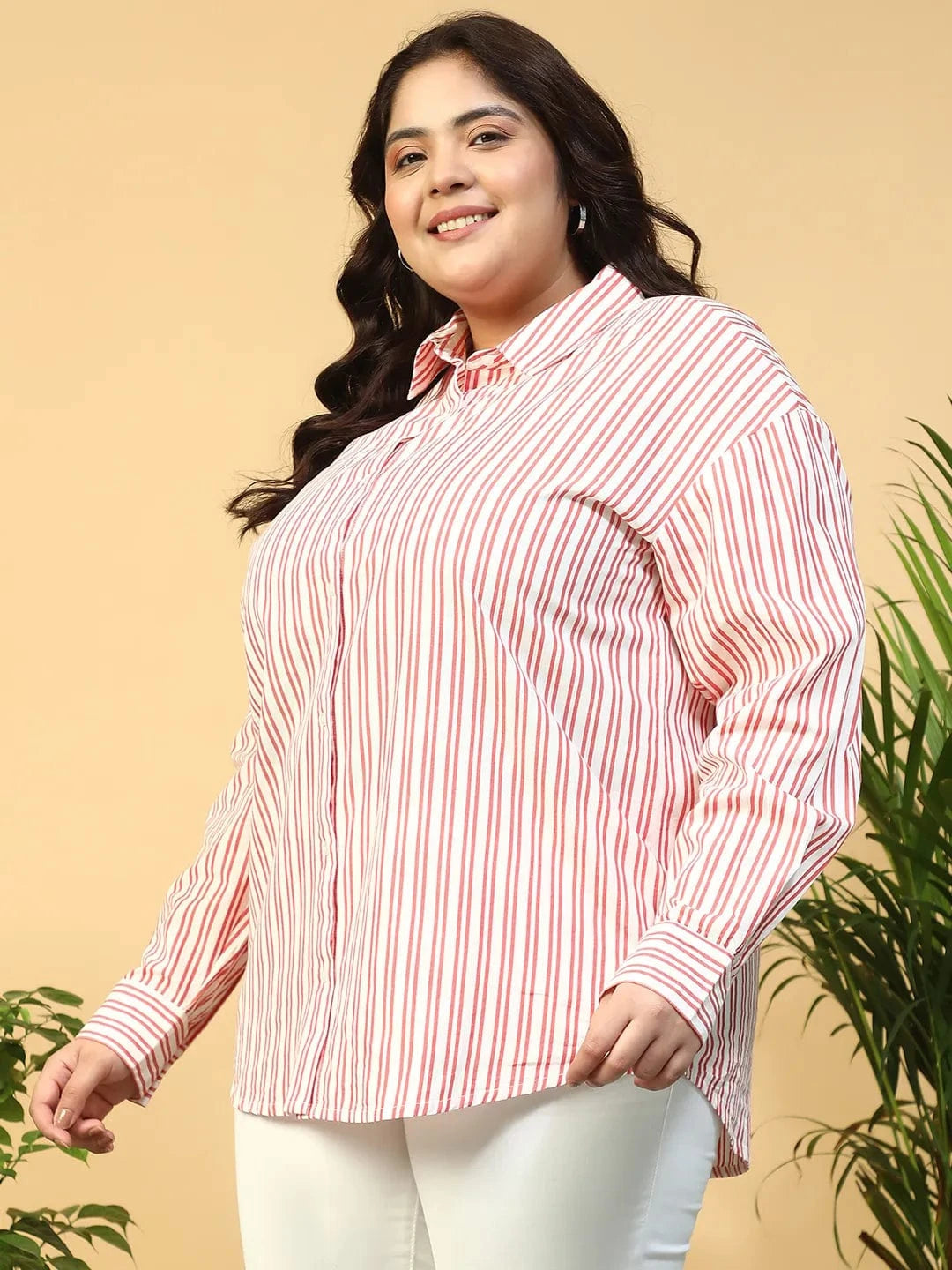 New Red Collared Stripe Print Long Sleeve Button Down Linen Plus Size Women Cotton Shirt - oxolloxo