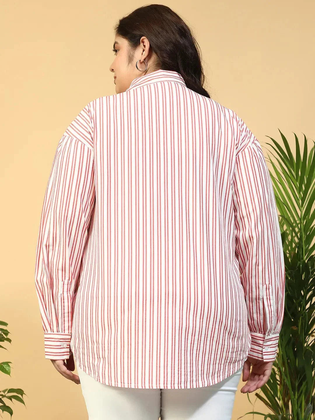 New Red Collared Stripe Print Long Sleeve Button Down Linen Plus Size Women Cotton Shirt - oxolloxo