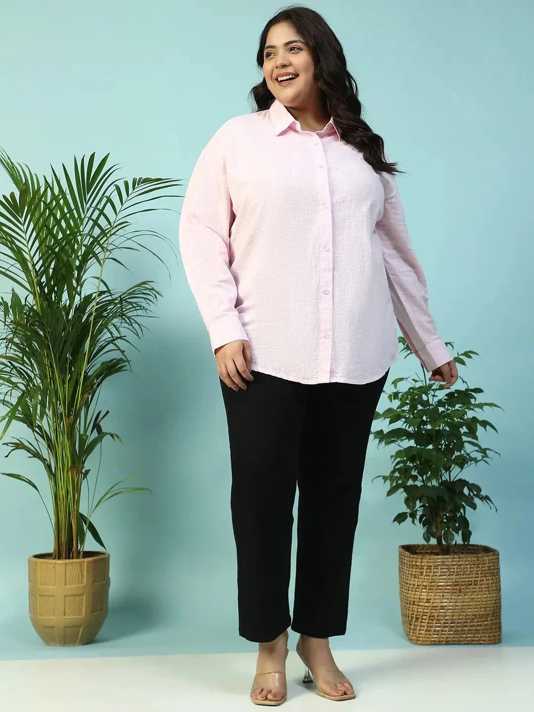 Curated Pink Yarn-Dyed Collared Long Sleeve Button Down Plus Size Women Cotton Shirt - oxolloxo