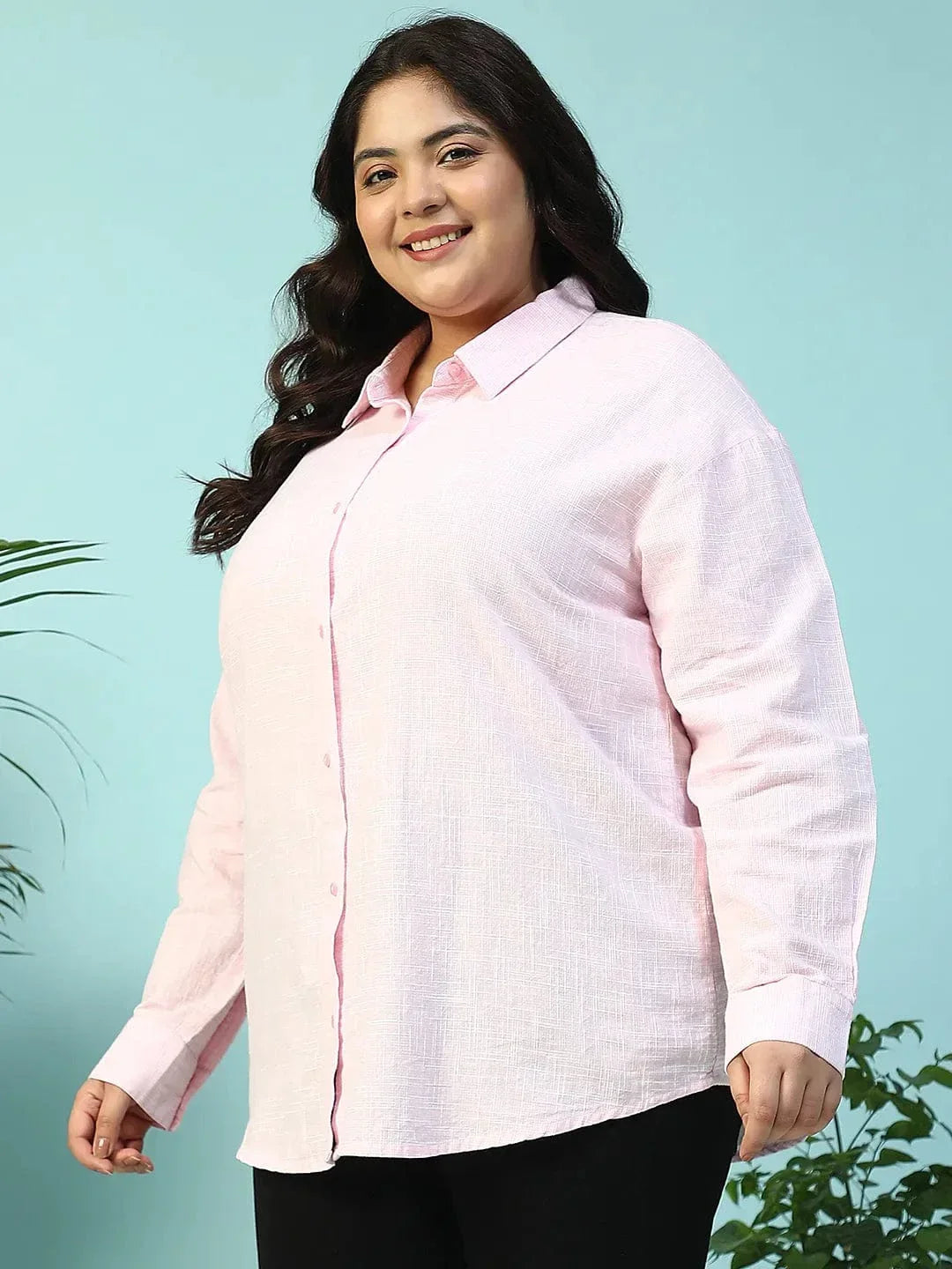Curated Pink Yarn-Dyed Collared Long Sleeve Button Down Plus Size Women Cotton Shirt - oxolloxo