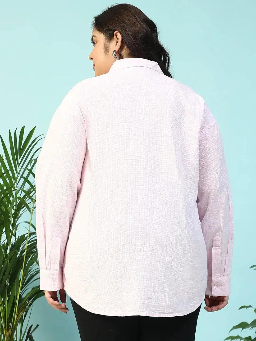 Curated Pink Yarn-Dyed Collared Long Sleeve Button Down Plus Size Women Cotton Shirt - oxolloxo