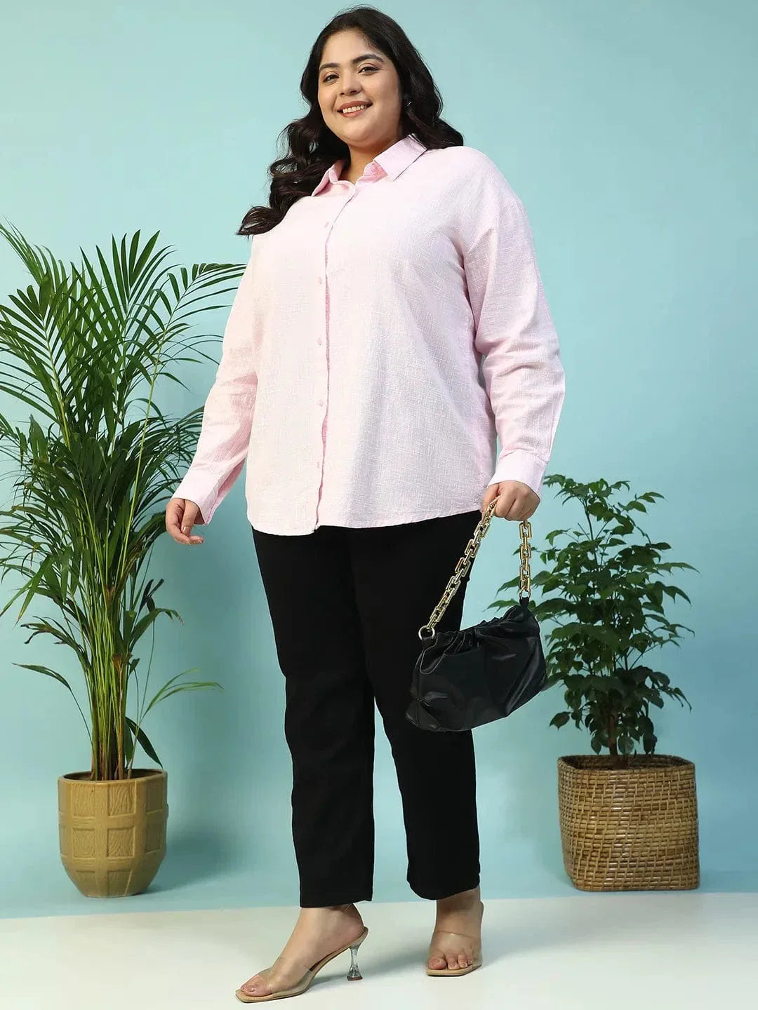 Curated Pink Yarn-Dyed Collared Long Sleeve Button Down Plus Size Women Cotton Shirt - oxolloxo