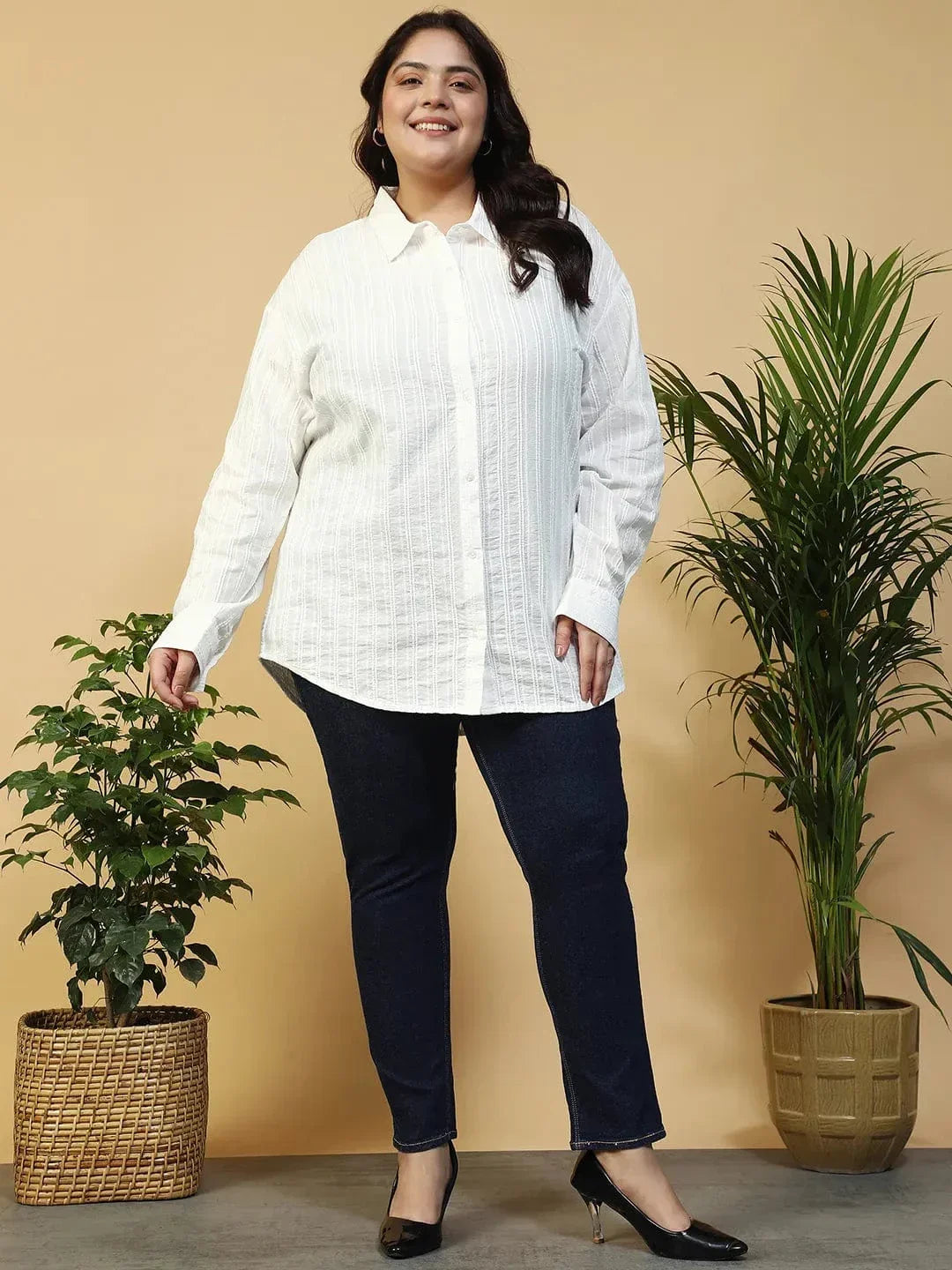Savy White Collared Long Sleeve Button Down Dobby Meld Plus Size Women Cotton Shirt - oxolloxo