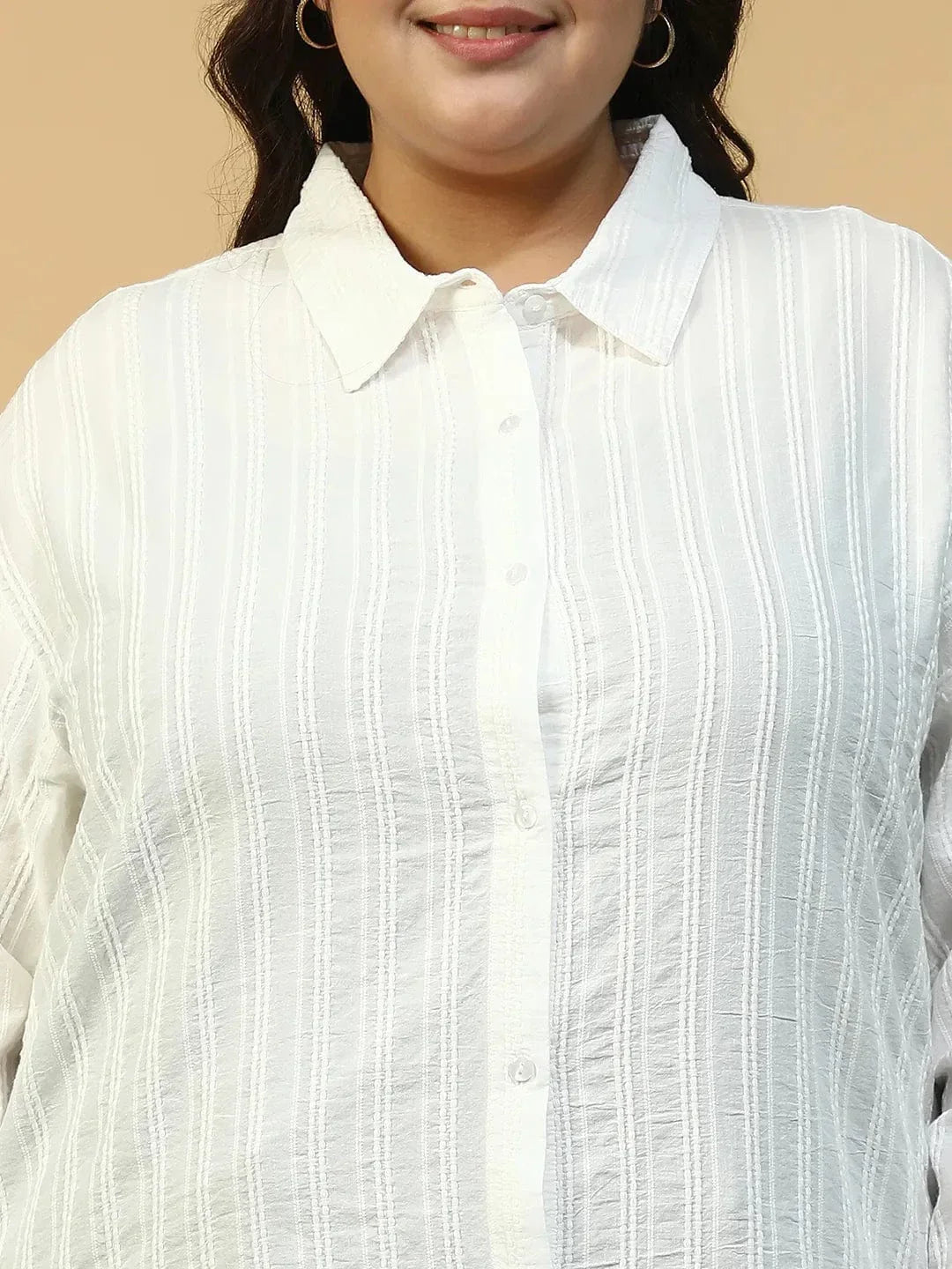 Savy White Collared Long Sleeve Button Down Dobby Meld Plus Size Women Cotton Shirt - oxolloxo