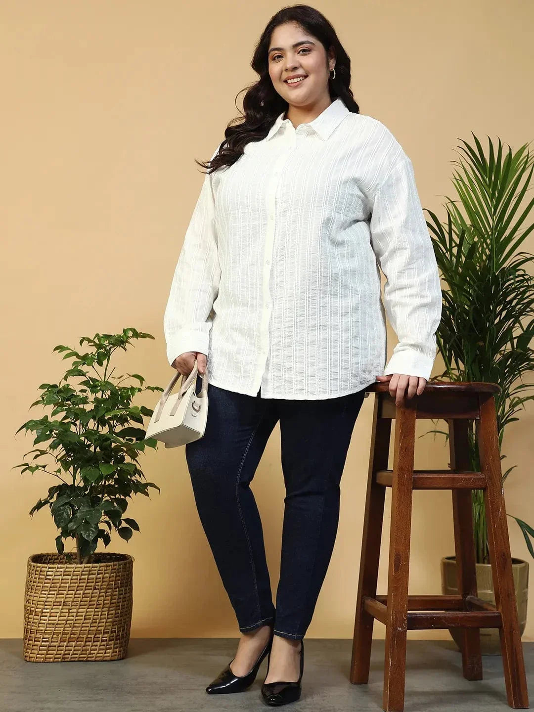 Savy White Collared Long Sleeve Button Down Dobby Meld Plus Size Women Cotton Shirt - oxolloxo
