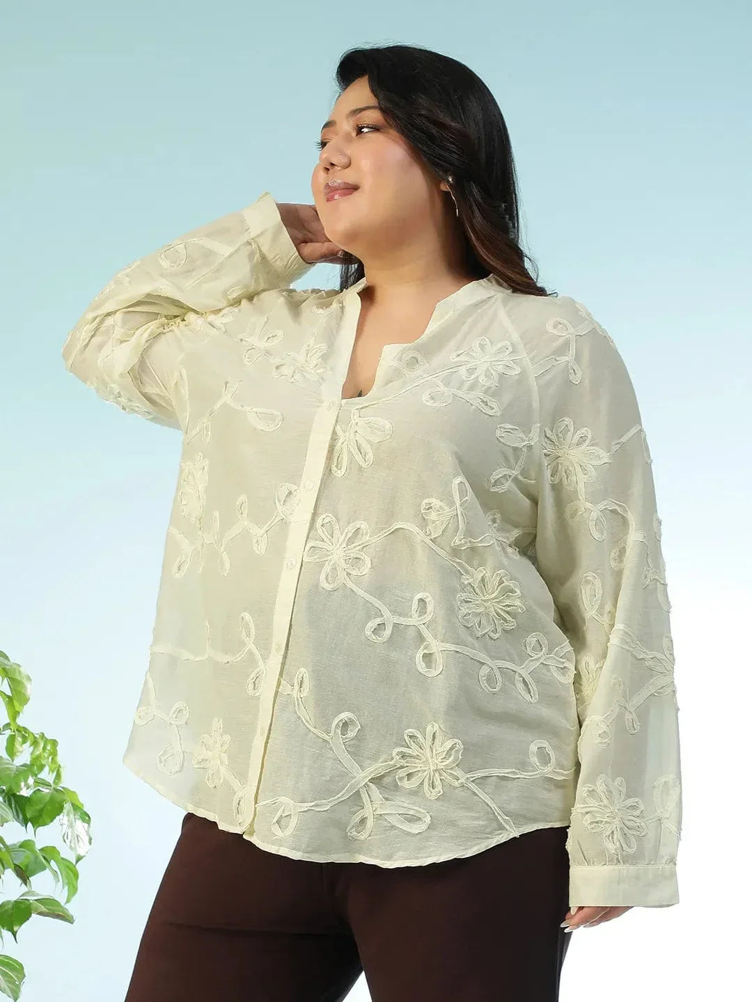 Statement Cream Embroidered V-Neck Long Sleeve Plus Size Women Cotton Shirt - oxolloxo