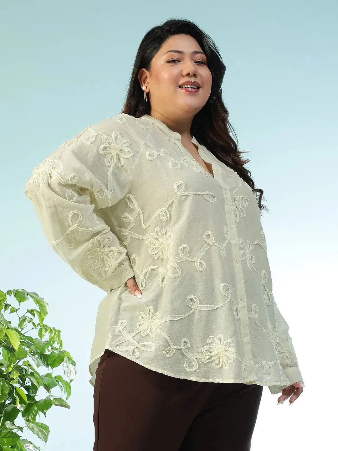 Statement Cream Embroidered V-Neck Long Sleeve Plus Size Women Cotton Shirt - oxolloxo