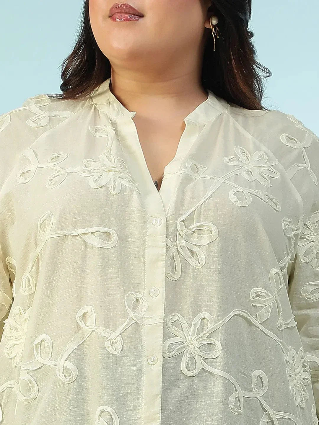 Statement Cream Embroidered V-Neck Long Sleeve Plus Size Women Cotton Shirt - oxolloxo