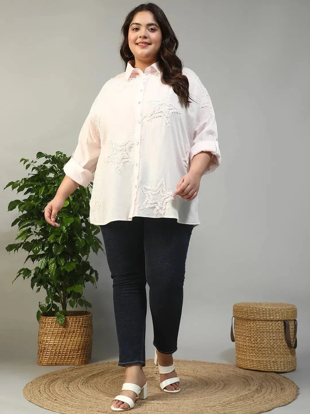 Chintz Light Pink Long Sleeve Embroidered Button Down Plus Size Women Cotton Shirt - oxolloxo