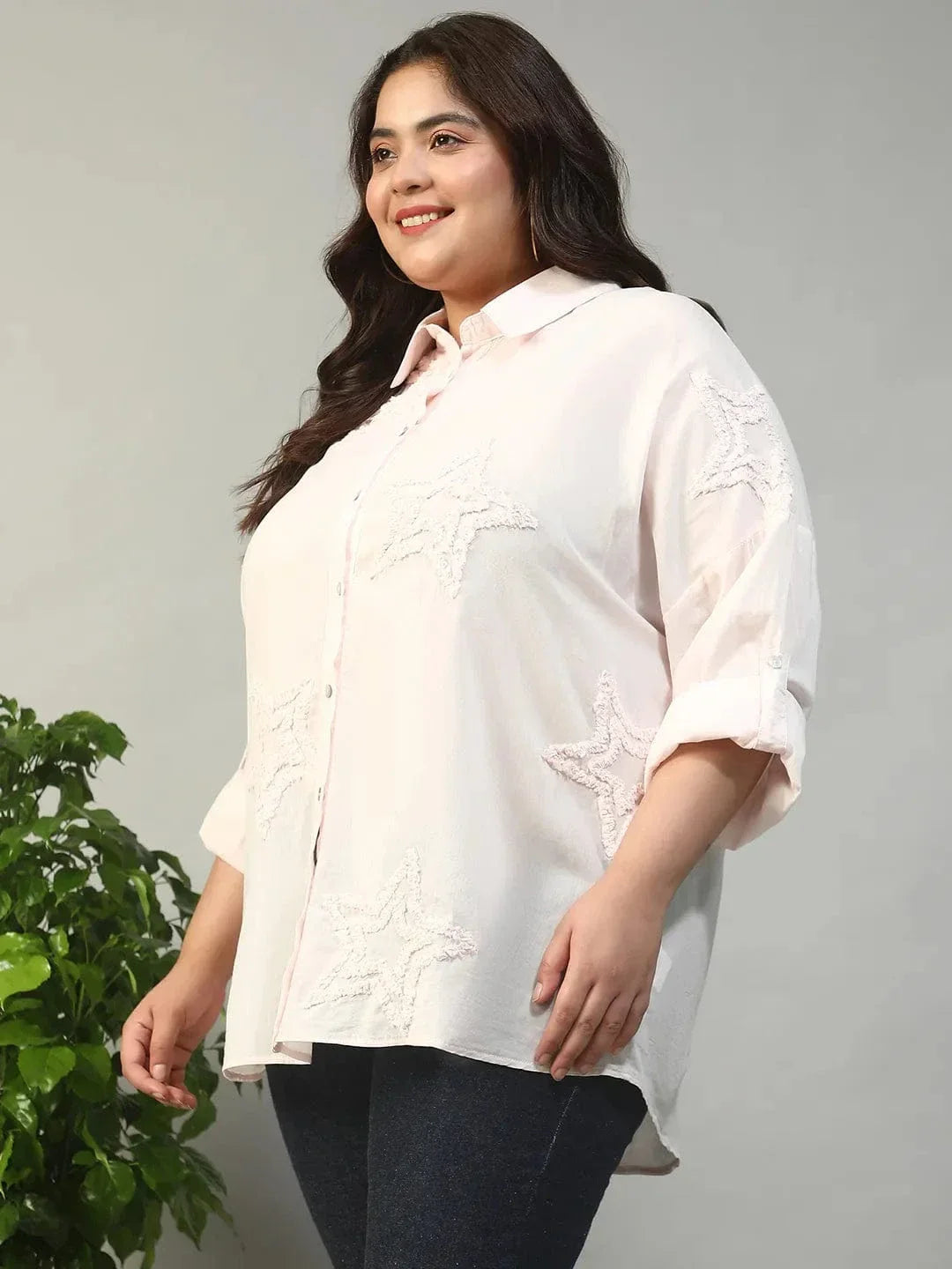 Chintz Light Pink Long Sleeve Embroidered Button Down Plus Size Women Cotton Shirt - oxolloxo