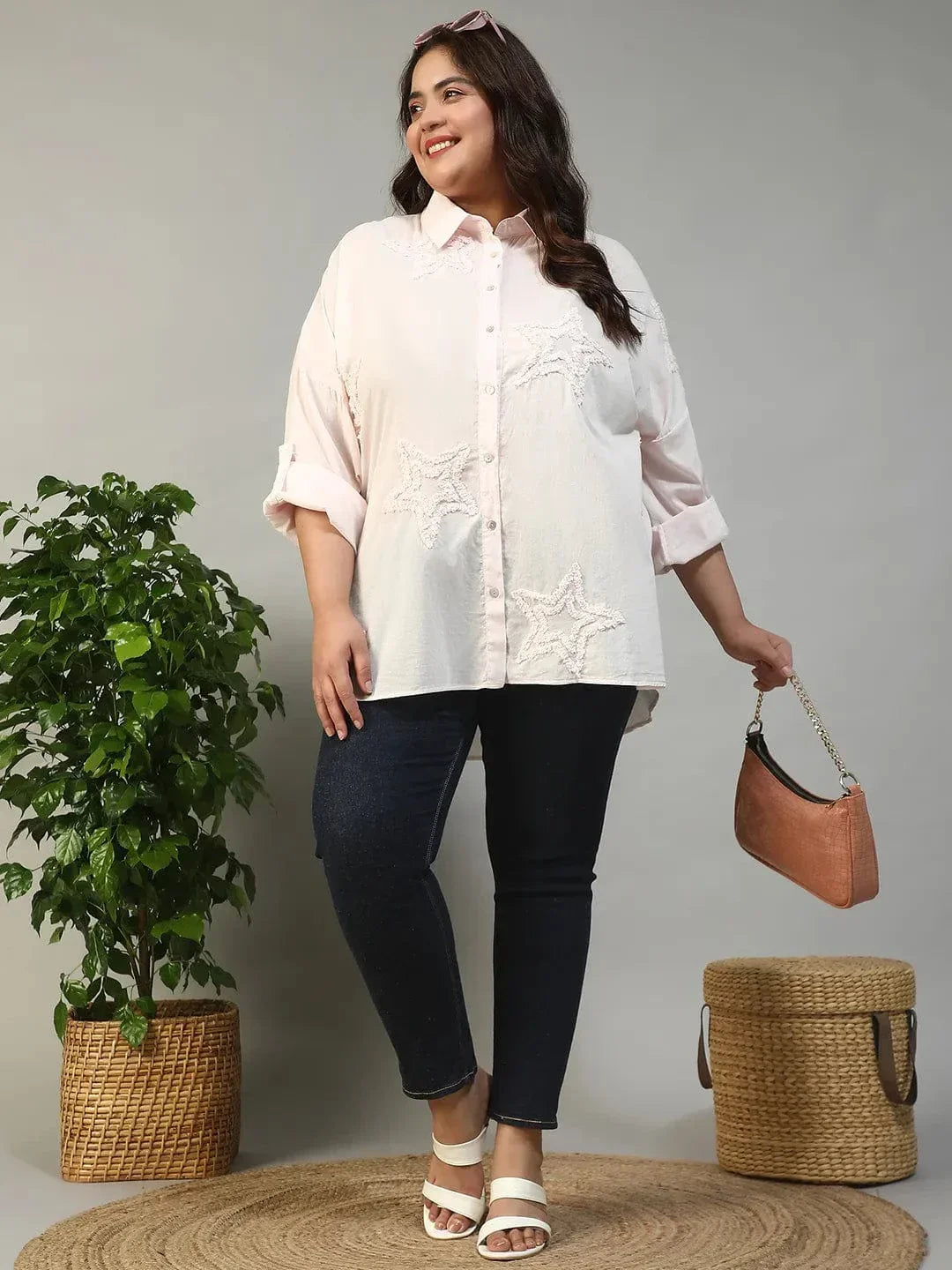 Chintz Light Pink Long Sleeve Embroidered Button Down Plus Size Women Cotton Shirt - oxolloxo