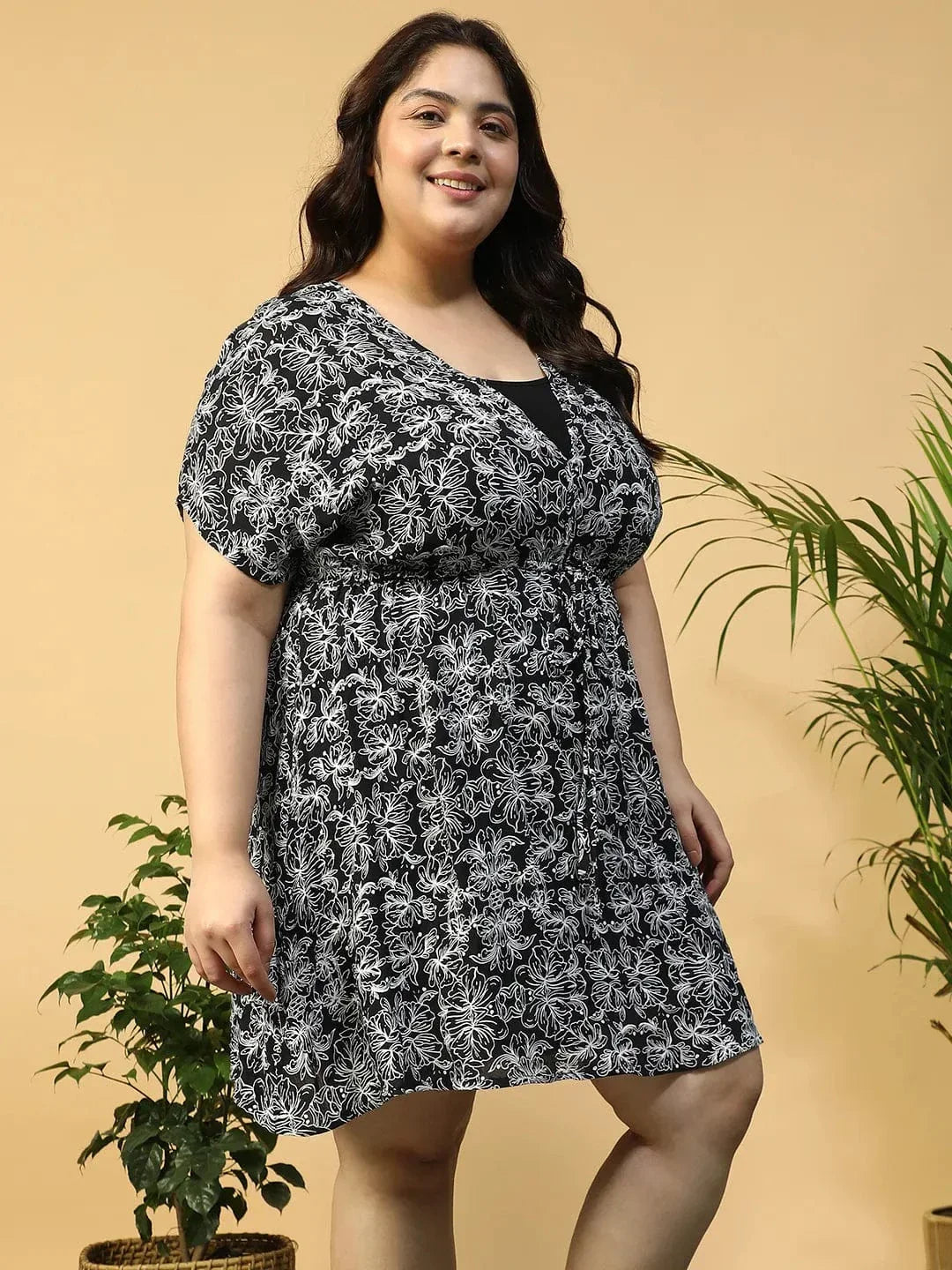 Phantom Black Floral Print Short Sleeve Elasticated With Tie-Up Detail Plus Size Women Beachwear Kaftan - oxolloxo