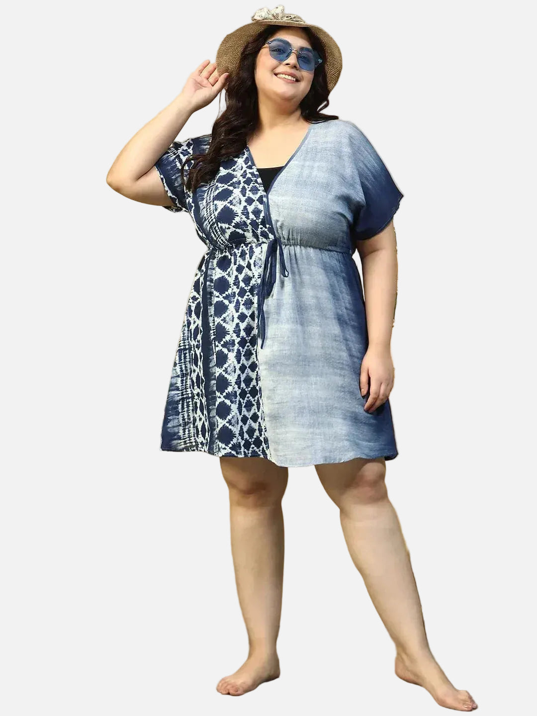 Navy Blue Tie-Dye Print Short Sleeve Elasticated With Tie-Up Detail Plus Size Women Beachwear Cotton Kaftan - oxolloxo