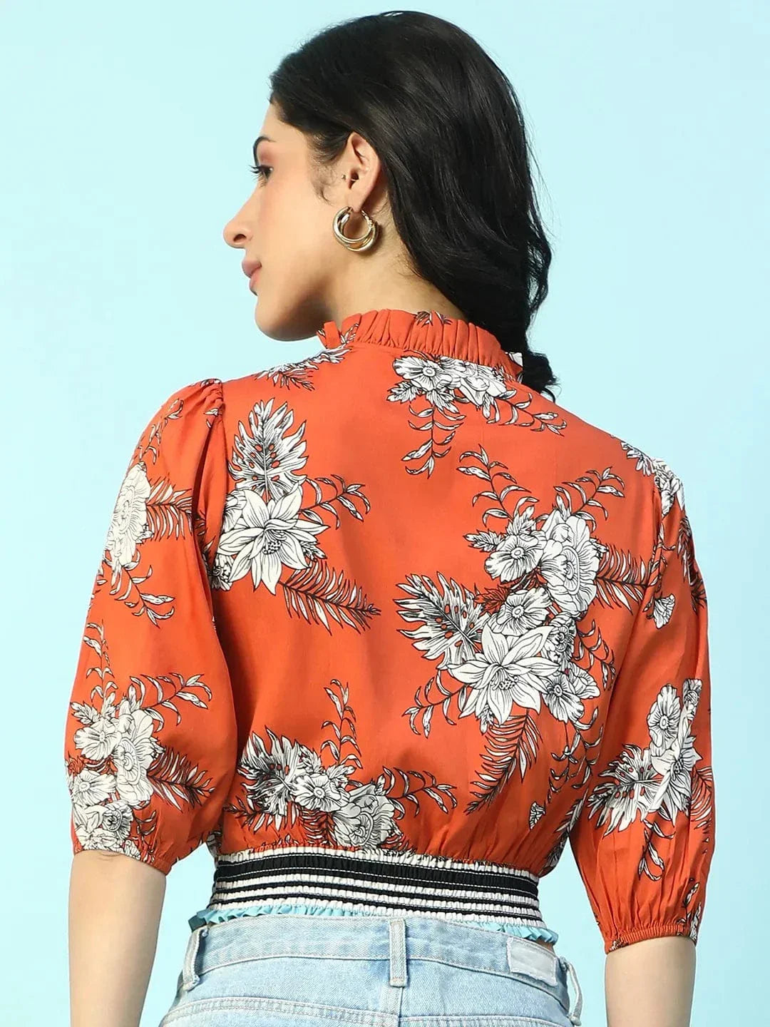 Rage Rust Floral Print Keyhole Neck Smocking Detail Women Crop Top - oxolloxo