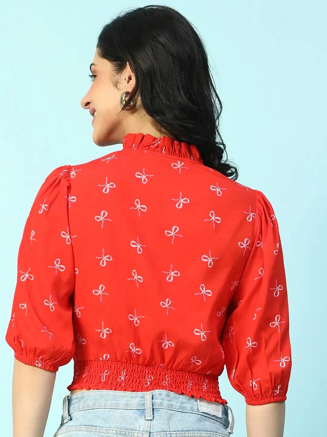 Super Red Floral Print Keyhole Neck Smocking Detail Women Crop Top - oxolloxo