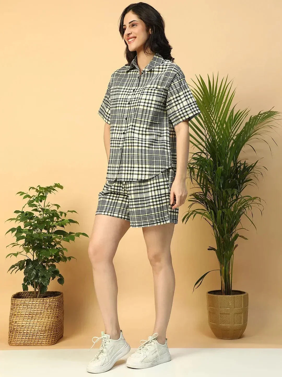 Black Check Print Collared Shirt With Elasticated Shorts Women Cotton Co-ord Set - oxolloxo