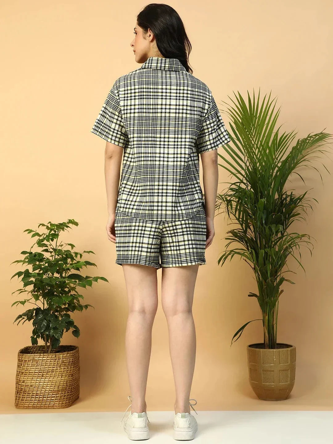 Black Check Print Collared Shirt With Elasticated Shorts Women Cotton Co-ord Set - oxolloxo
