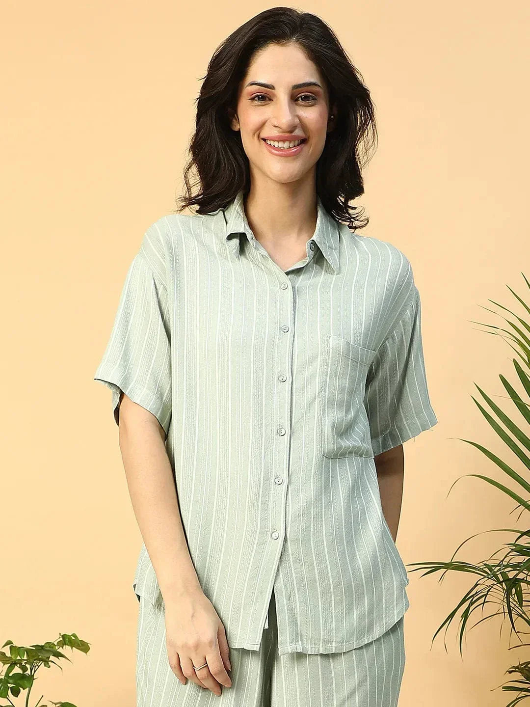 Green Stripe Print Short Sleeve Collared Rayon Dobby Women Shirt - oxolloxo