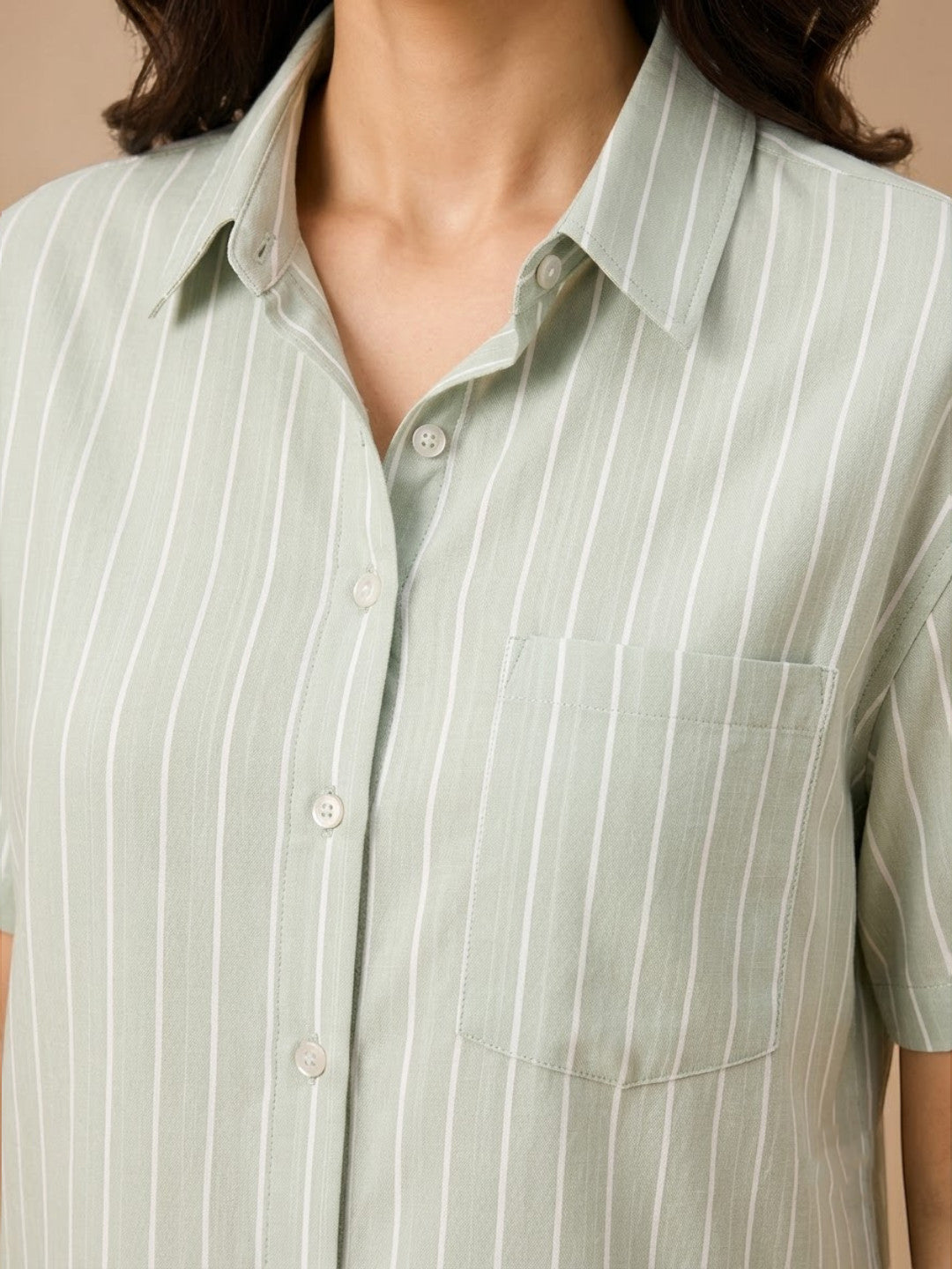 Light green striped button-down shirt with chest pocket, plus size women's fashion