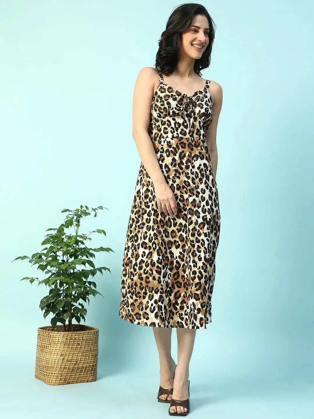 Twril Brown Animal Print Shoulder Strap Sleeveless Women Satin Dress - oxolloxo