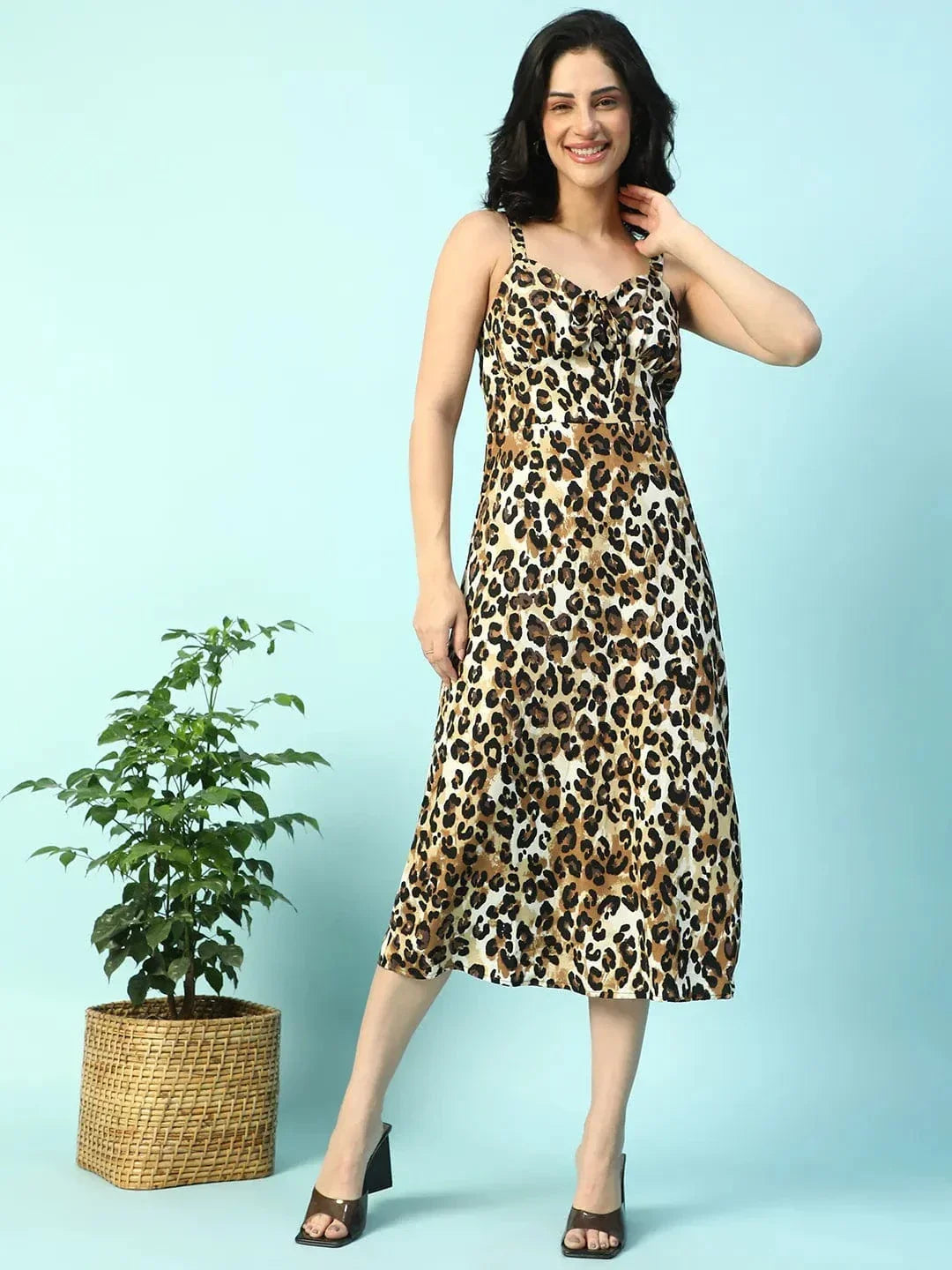 Twril Brown Animal Print Shoulder Strap Sleeveless Women Satin Dress - oxolloxo